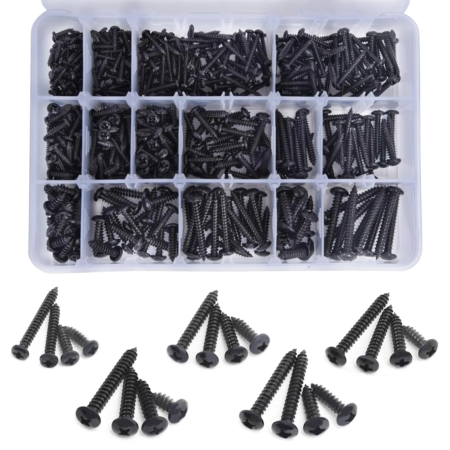 542PCS #4#6#8#10#12 Phillips Head Screw Set Stainless Steel Wood Screws Assortment Kit, Assorted Sheet Metal Self Tapping Screws, 18-8(304) Stainless Steel (pan Black)