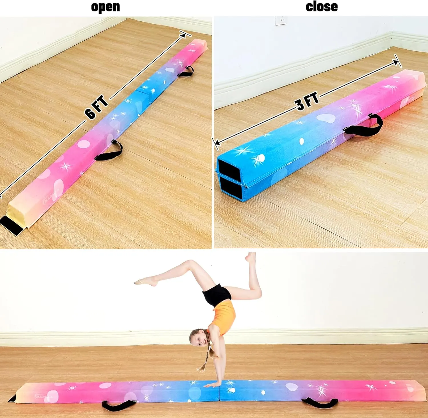 6 FT / 8 FT / 9 FT Folding Gymnastics Beam Foam Balance Floor Beam - Extra Firm - Suede Cover - Anti Slip Bottom with Carry Bag for Kids/Adults Home Use