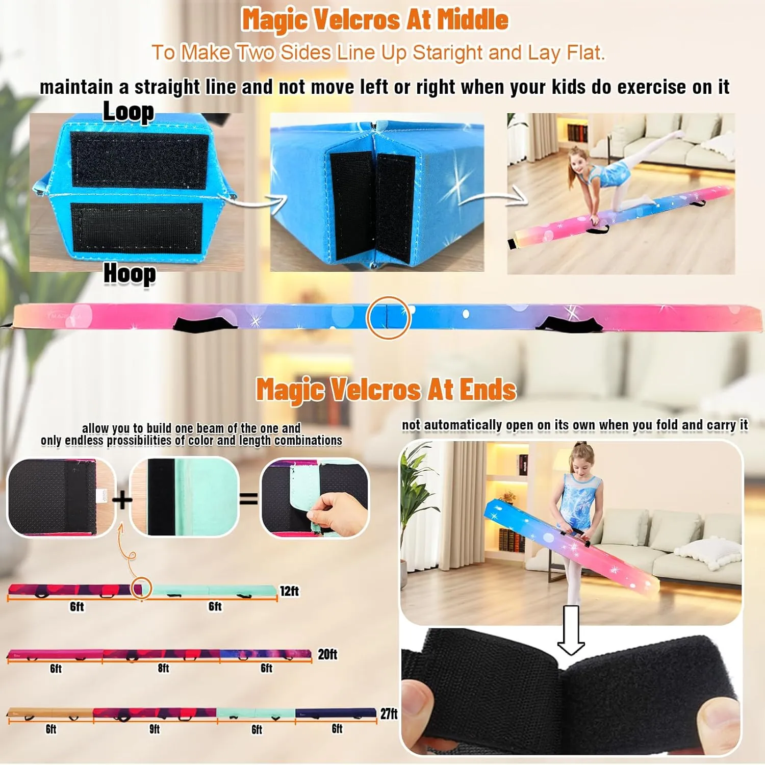 6 FT / 8 FT / 9 FT Folding Gymnastics Beam Foam Balance Floor Beam - Extra Firm - Suede Cover - Anti Slip Bottom with Carry Bag for Kids/Adults Home Use