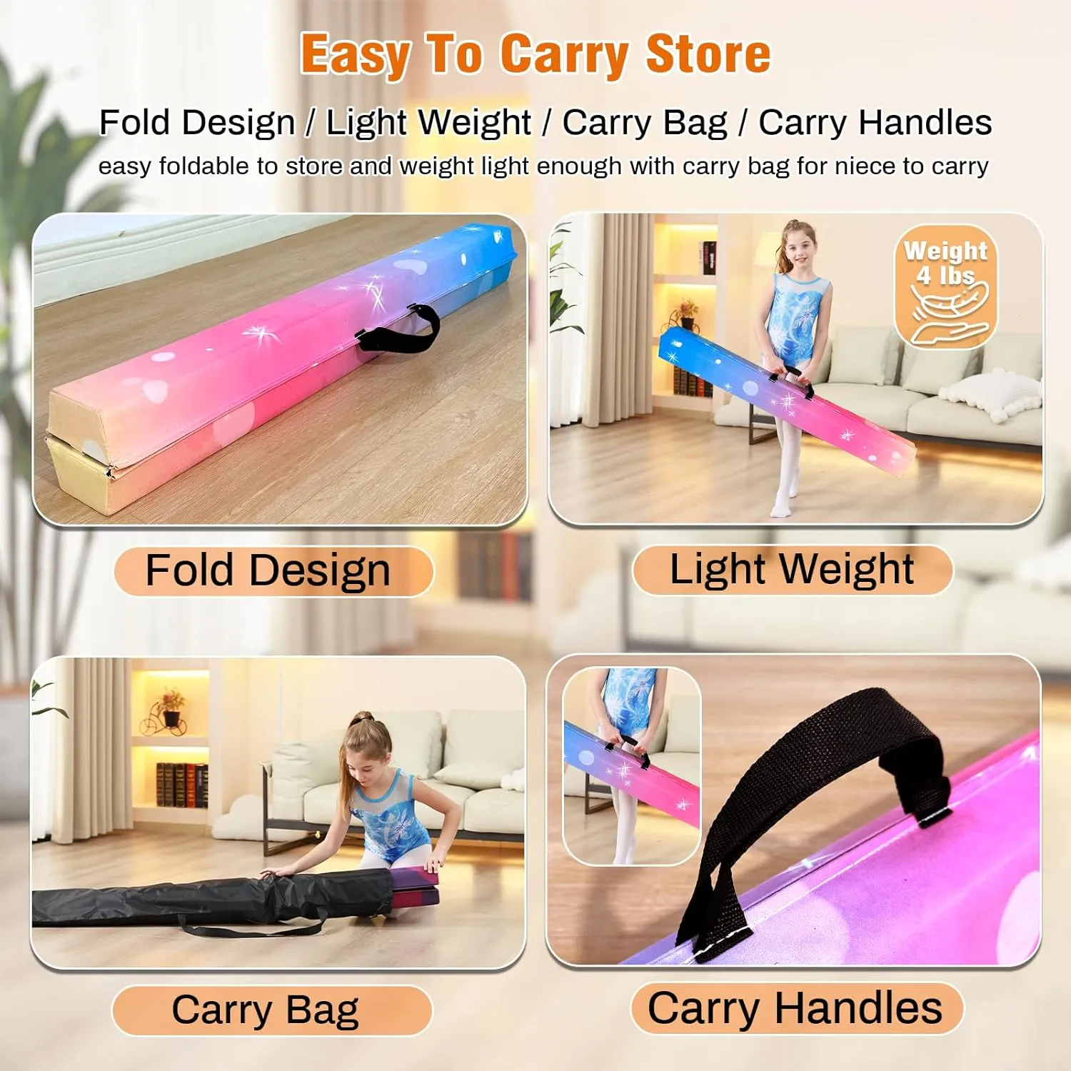 6 FT / 8 FT / 9 FT Folding Gymnastics Beam Foam Balance Floor Beam - Extra Firm - Suede Cover - Anti Slip Bottom with Carry Bag for Kids/Adults Home Use