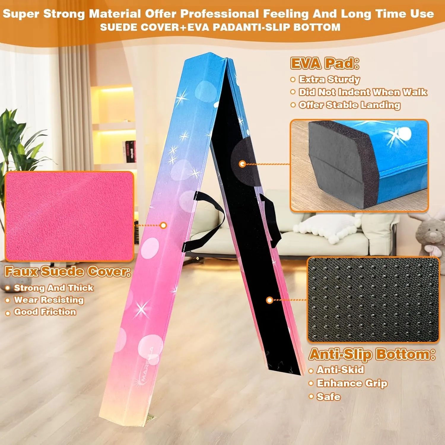 6 FT / 8 FT / 9 FT Folding Gymnastics Beam Foam Balance Floor Beam - Extra Firm - Suede Cover - Anti Slip Bottom with Carry Bag for Kids/Adults Home Use