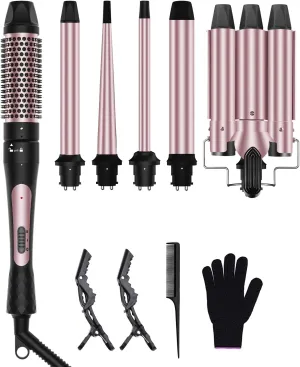 6 in 1 Curling Iron, 3 Barrel Curling Iron Set with Curling Brush (1.5inch) and 5 Interchangeable Ceramic Curling Wand(0.35"-1.25"), 2 Temp Heating Setting, Contain Comb & Protective Glove & 2 Clips