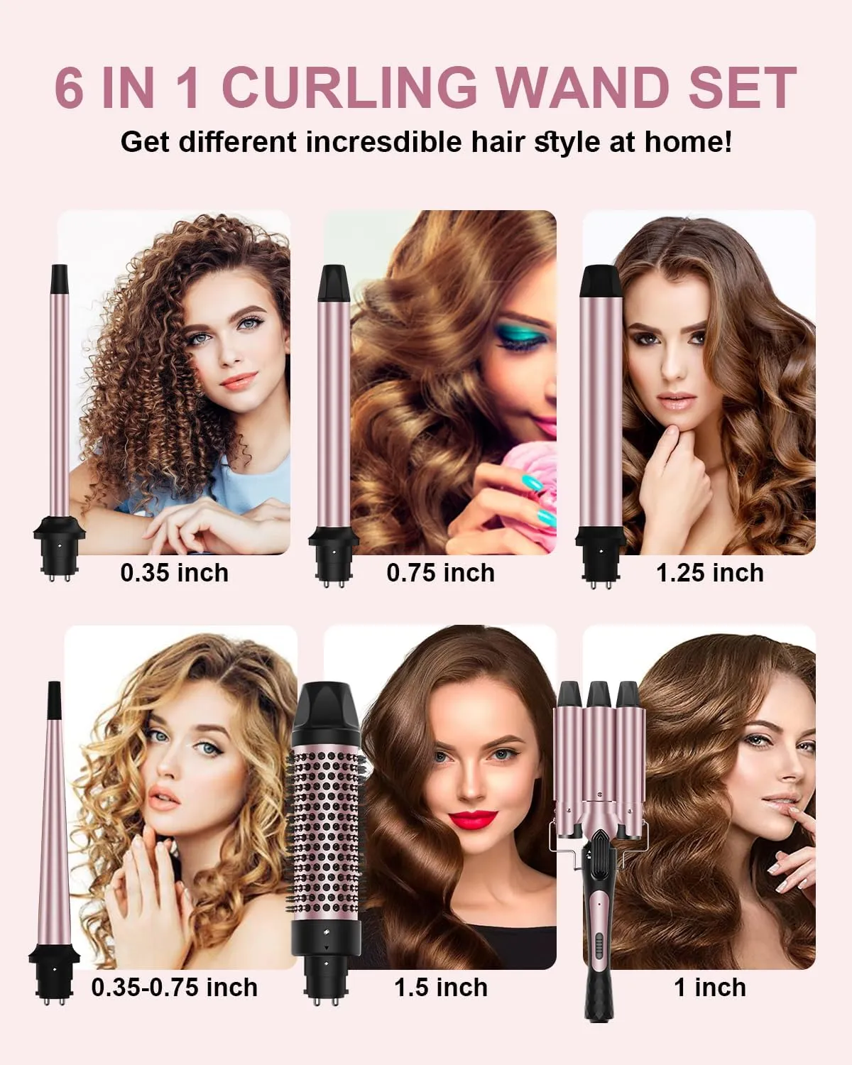 6 in 1 Curling Iron, 3 Barrel Curling Iron Set with Curling Brush (1.5inch) and 5 Interchangeable Ceramic Curling Wand(0.35"-1.25"), 2 Temp Heating Setting, Contain Comb & Protective Glove & 2 Clips