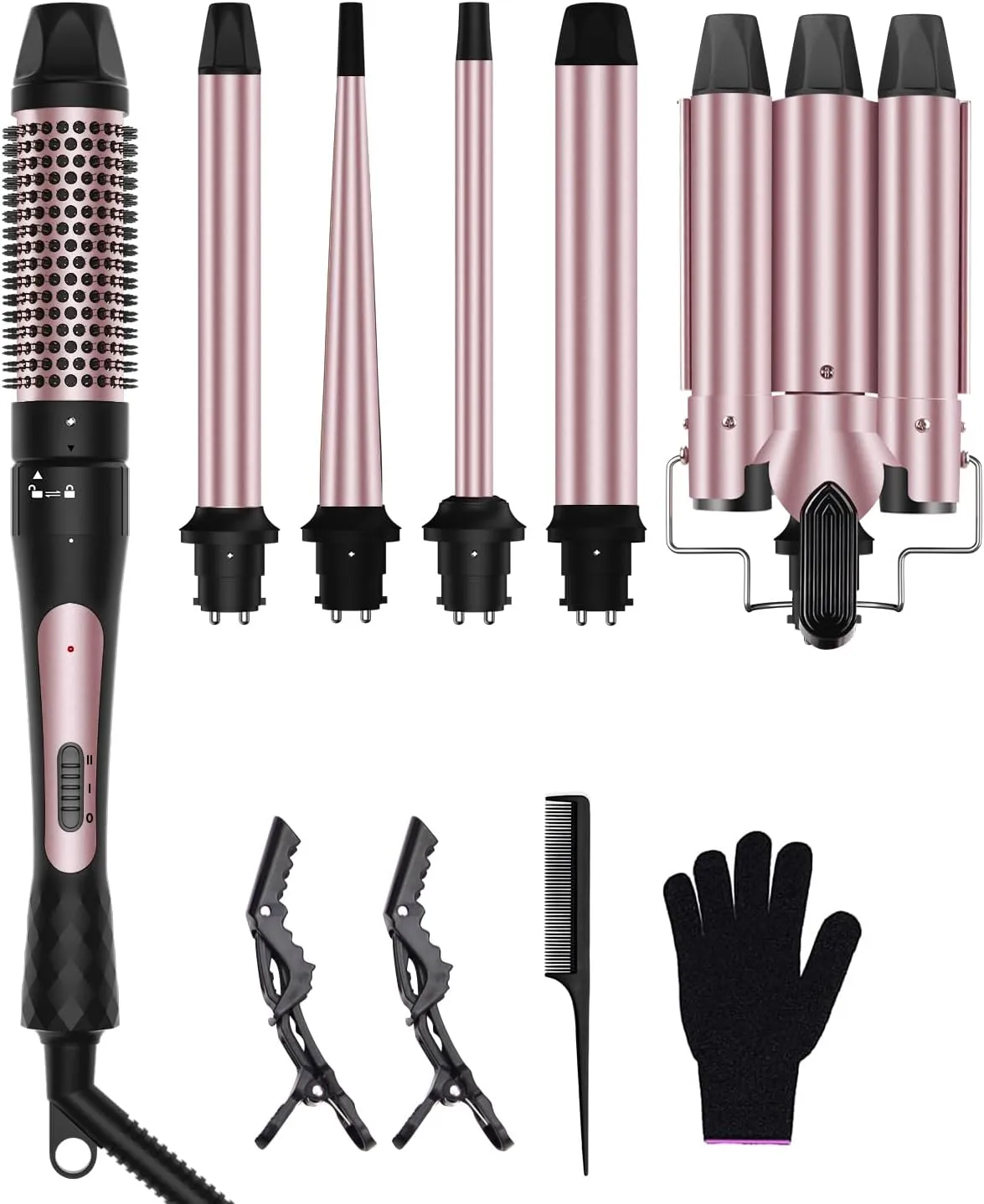 6 in 1 Curling Iron, 3 Barrel Curling Iron Set with Curling Brush (1.5inch) and 5 Interchangeable Ceramic Curling Wand(0.35"-1.25"), 2 Temp Heating Setting, Contain Comb & Protective Glove & 2 Clips