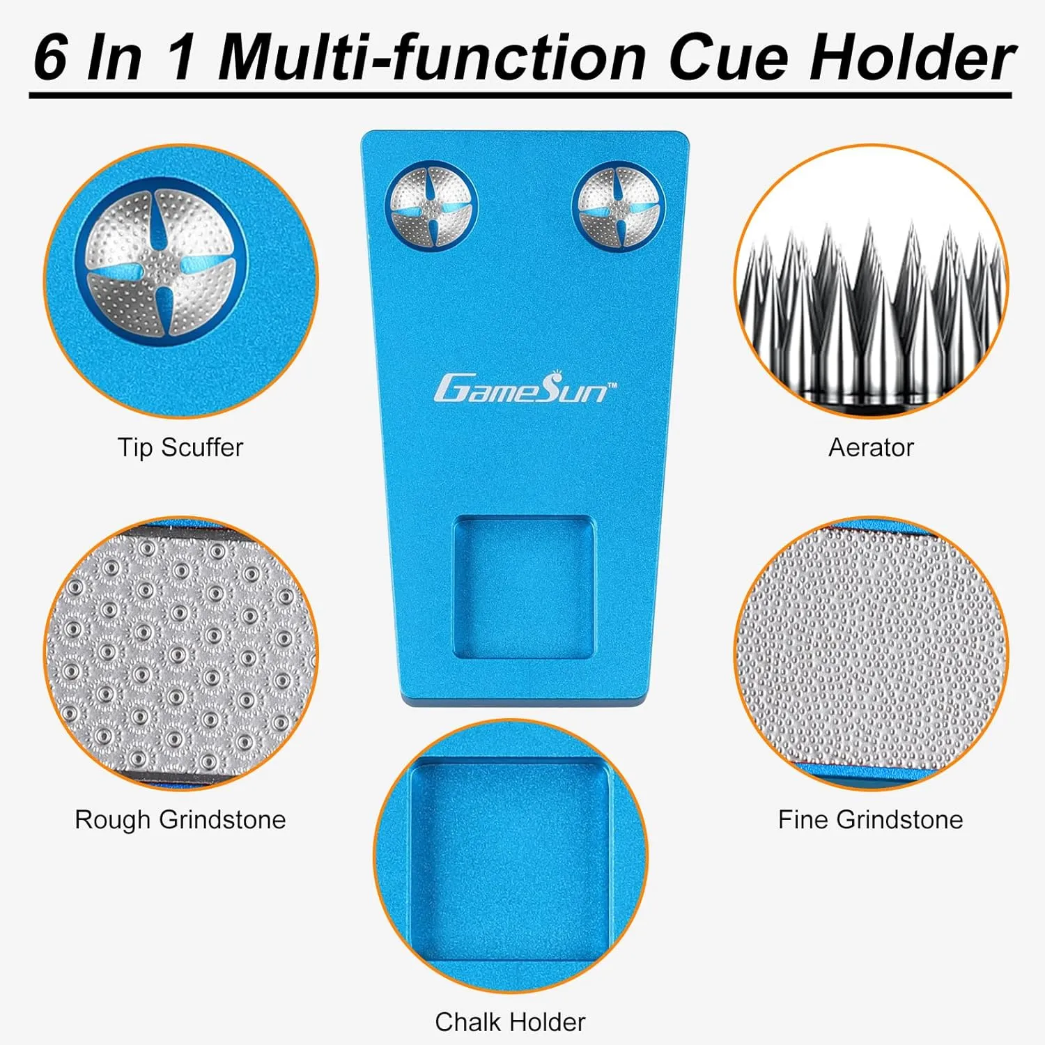 6 In 1 Portable Weighted Pool Cue Holder, chalk holder, billiard cue tip tool, Blue