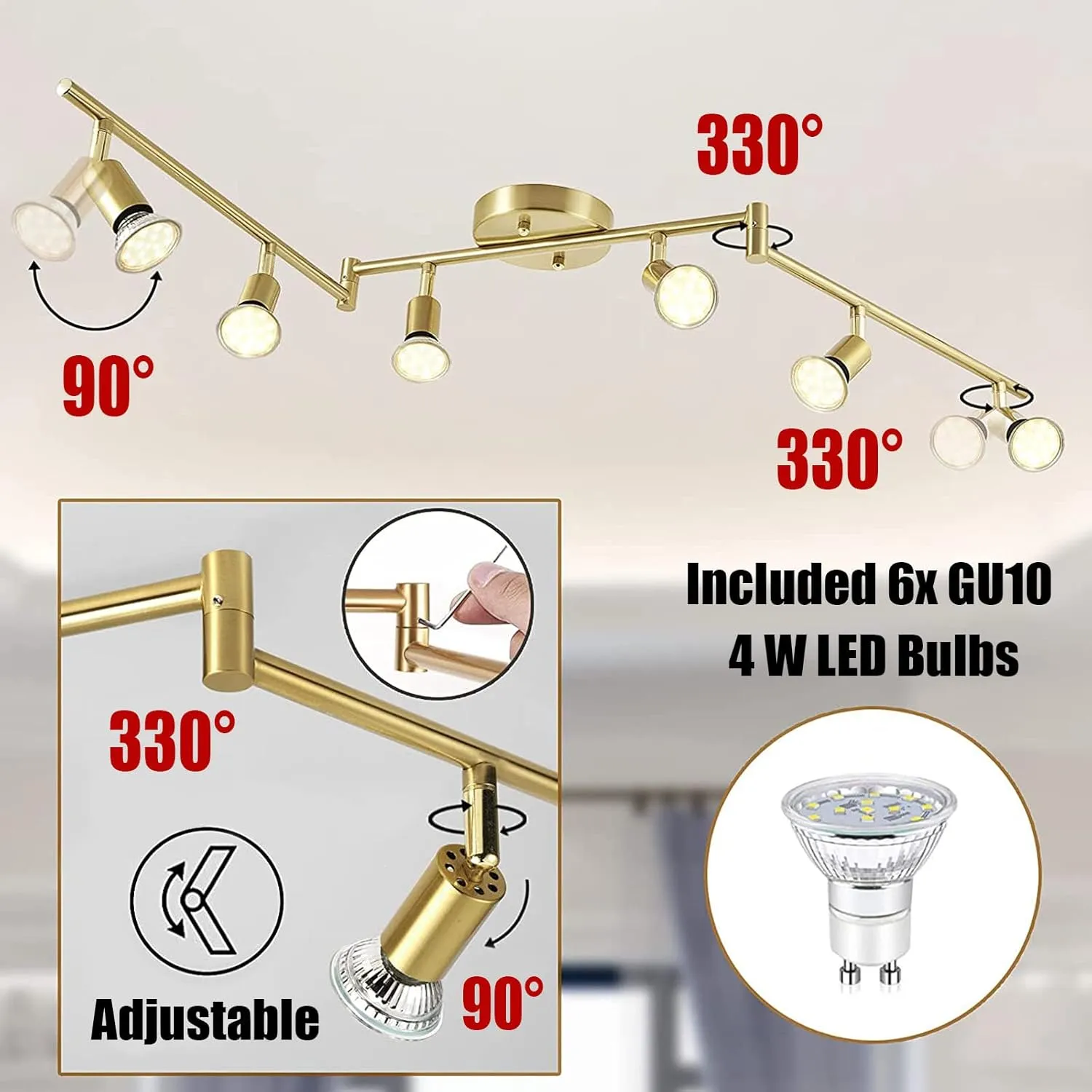6-Light LED Track Lighting Kit,Golden Finish 6 Way Ceiling Spotlight,Rotatable Light Heads,Modern Foldable Track Light Fixtures,Included 6 x LED GU10 Bulb (4W, Daylight White 5000K,400LM)