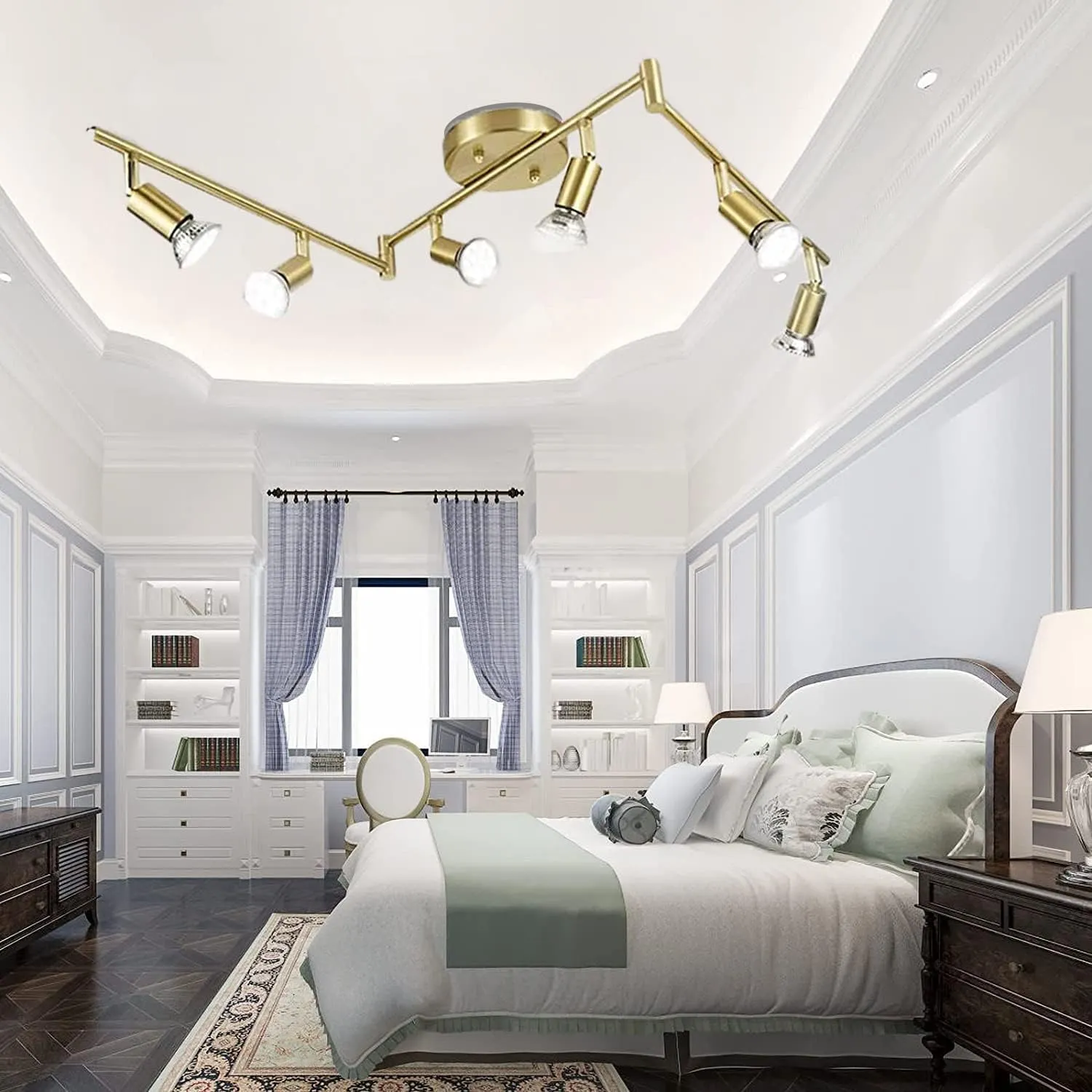 6-Light LED Track Lighting Kit,Golden Finish 6 Way Ceiling Spotlight,Rotatable Light Heads,Modern Foldable Track Light Fixtures,Included 6 x LED GU10 Bulb (4W, Daylight White 5000K,400LM)
