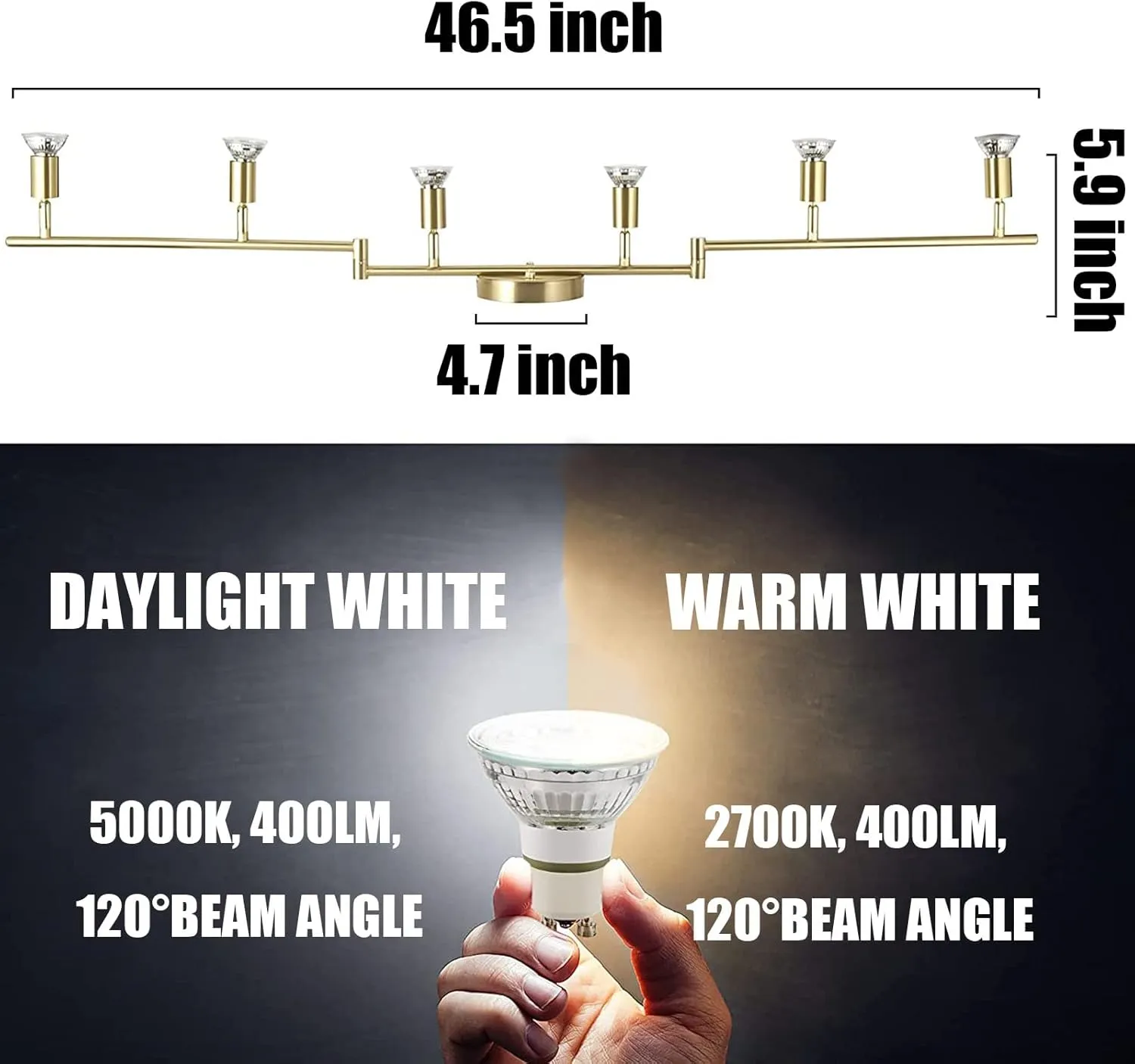 6-Light LED Track Lighting Kit,Golden Finish 6 Way Ceiling Spotlight,Rotatable Light Heads,Modern Foldable Track Light Fixtures,Included 6 x LED GU10 Bulb (4W, Daylight White 5000K,400LM)