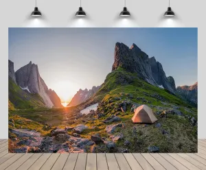 6ftx4ft Wild Camping Backdrop Lofoten Islands Camping Tent Mountains Sunset Scenery Polar Circle Landscape Background Hiking Norway Camping Party Decor Photo Studio Booth Props Wallpaper