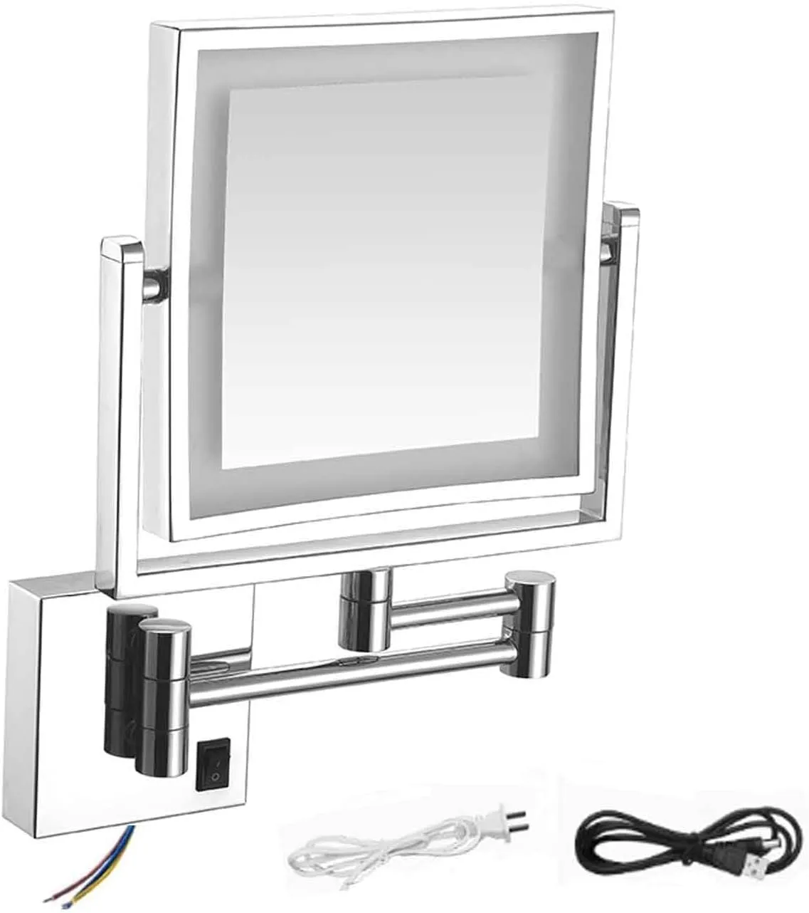 8 Inch Wall Mounted Square LED Lighted Makeup Vanity Mirror ，Dual Sided HD 1X/3X Magnifying Shaving Mirror 360° Swivel Foldable Brass Cosmetic Mirror Black Hardwired(Chrome,USB)