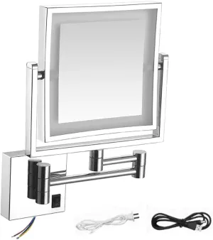 8 Inch Wall Mounted Square LED Lighted Makeup Vanity Mirror ，Dual Sided HD 1X/3X Magnifying Shaving Mirror 360° Swivel Foldable Brass Cosmetic Mirror Black Hardwired(Chrome,USB)