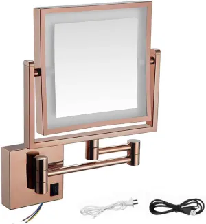 8 Inch Wall Mounted Square LED Lighted Makeup Vanity Mirror ，Dual Sided HD 1X/3X Magnifying Shaving Mirror 360° Swivel Foldable Brass Cosmetic Mirror Black Hardwired(Rose Gold,Plugln)