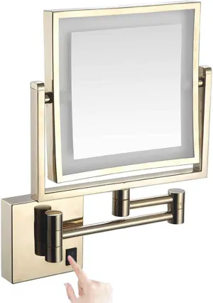 8 Inch Wall Mounted Square LED Lighted Makeup Vanity Mirror ，Dual Sided HD 1X/3X Magnifying Shaving Mirror 360° Swivel Foldable Brass Cosmetic Mirror Black Hardwired(Zirconium Gold,USB)