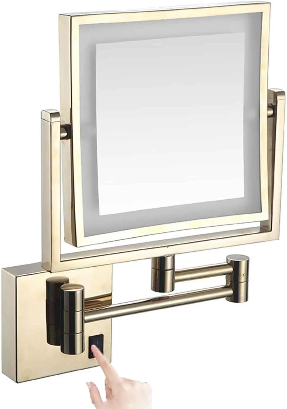 8 Inch Wall Mounted Square LED Lighted Makeup Vanity Mirror ，Dual Sided HD 1X/3X Magnifying Shaving Mirror 360° Swivel Foldable Brass Cosmetic Mirror Black Hardwired(Zirconium Gold,USB)