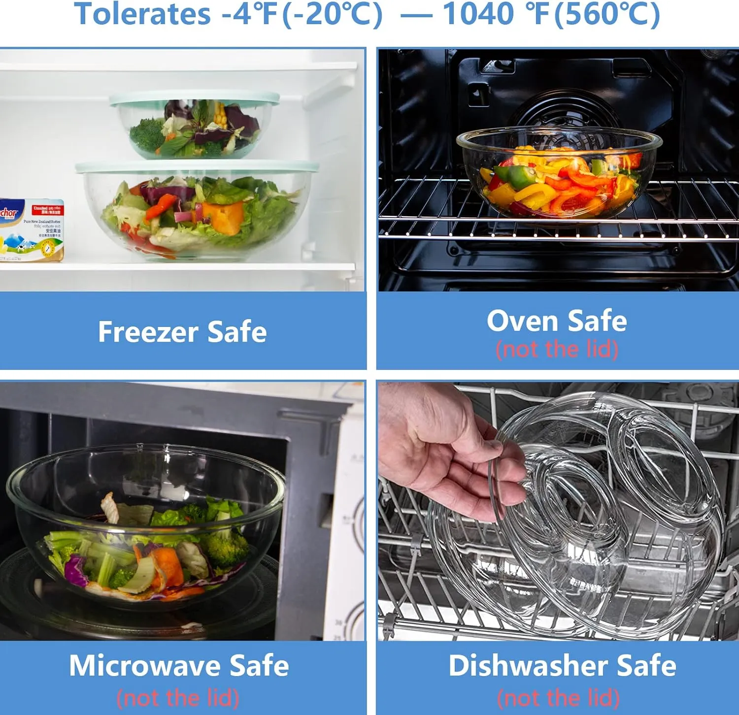 8 Piece Glass Bowls with Lids, Heat Resistant Glass Mixing Bowls Set (3.7QT, 2.1QT, 1.1QT, 0.53QT), Clear Salad Bowls with BAP-Free Lids for Kitchen, Oven Microwave Dishwasher Safe