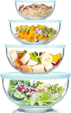8 Piece Glass Bowls with Lids, Heat Resistant Glass Mixing Bowls Set (3.7QT, 2.1QT, 1.1QT, 0.53QT), Clear Salad Bowls with BAP-Free Lids for Kitchen, Oven Microwave Dishwasher Safe