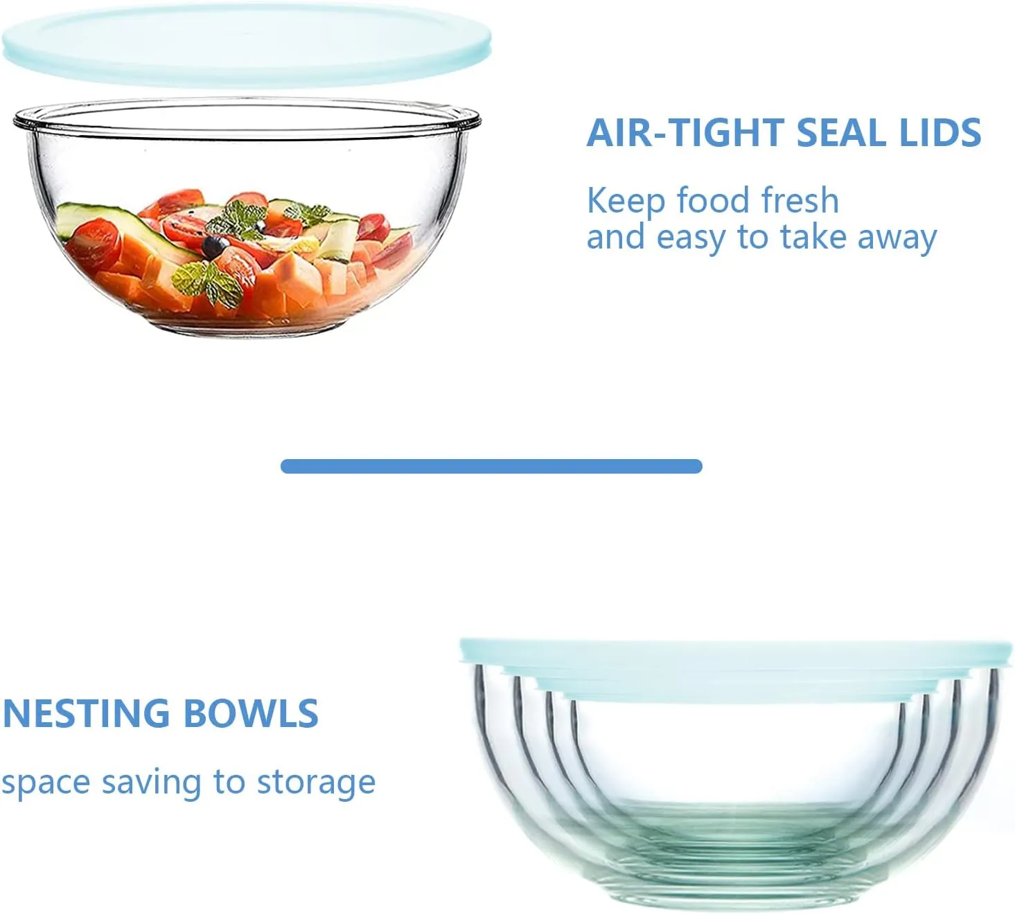 8 Piece Glass Bowls with Lids, Heat Resistant Glass Mixing Bowls Set (3.7QT, 2.1QT, 1.1QT, 0.53QT), Clear Salad Bowls with BAP-Free Lids for Kitchen, Oven Microwave Dishwasher Safe