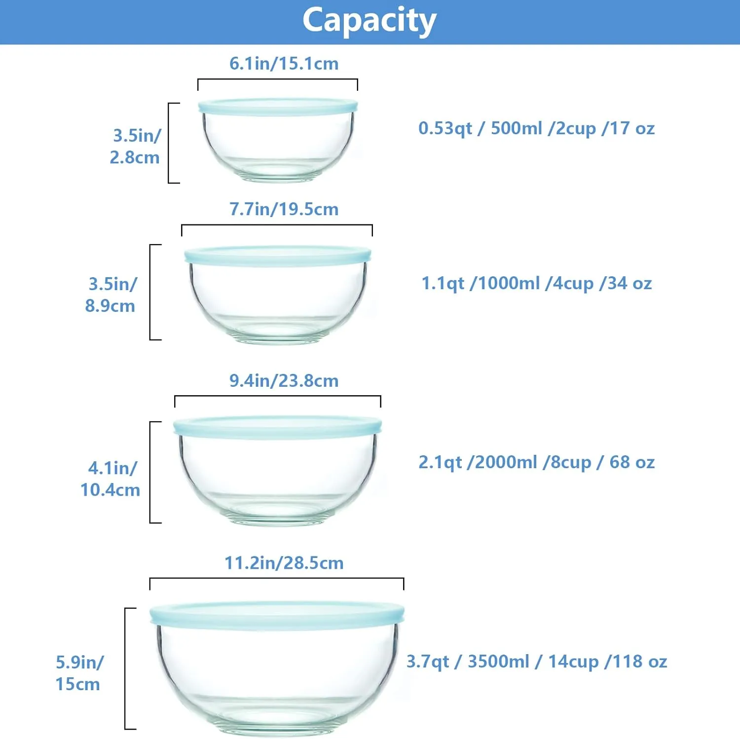 8 Piece Glass Bowls with Lids, Heat Resistant Glass Mixing Bowls Set (3.7QT, 2.1QT, 1.1QT, 0.53QT), Clear Salad Bowls with BAP-Free Lids for Kitchen, Oven Microwave Dishwasher Safe
