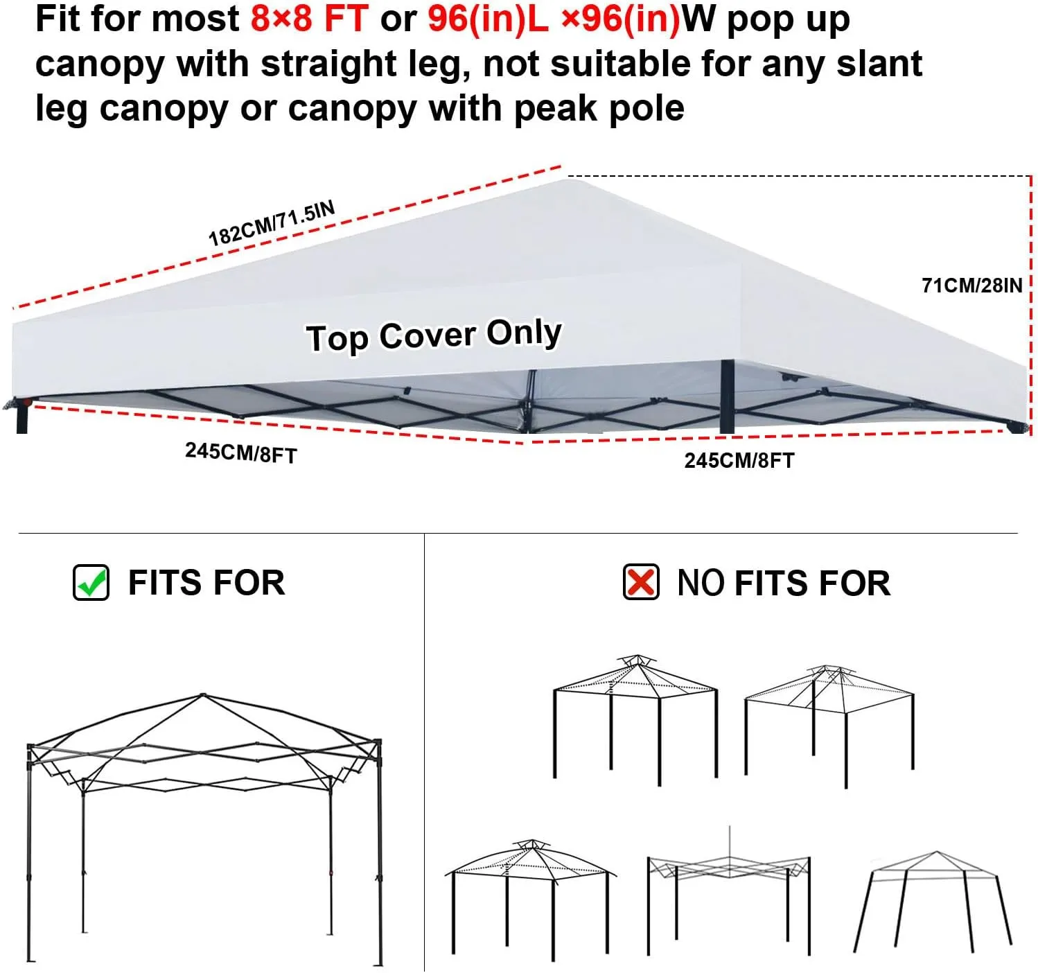 8×8 Canopy Replacement Top Only, Waterproof Pop Up Canopy Tent Cover with Windproof Ropes for Straight Leg Frame, Canopy Top Sunshade Sliver Coated for Outdoor Garden Patio Camping(White)