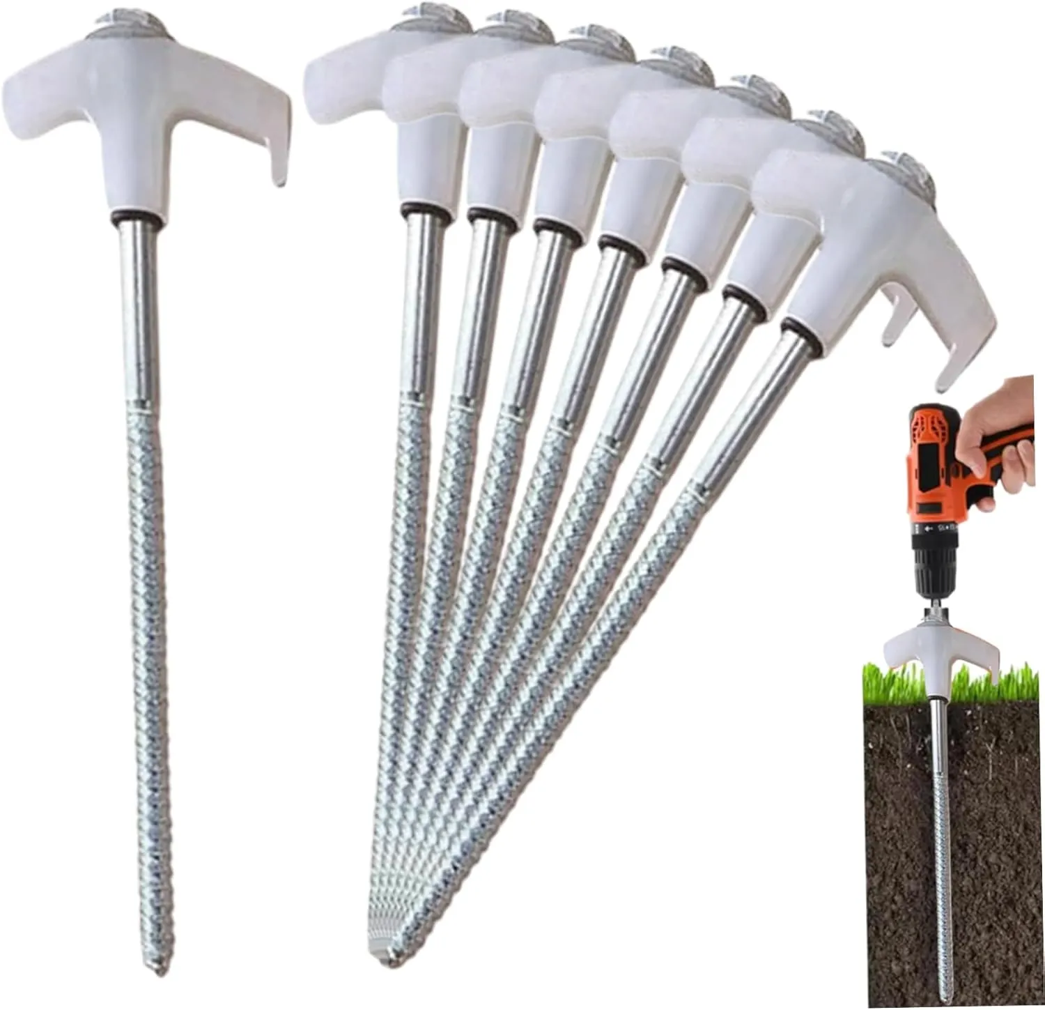 8Pcs Screw in Tent Stakes 8in Tent Stakes Heavy Duty Ground 8mm Hex Peg Ground Anchors for Canopy Trampoline, White Hex Peg Anchors