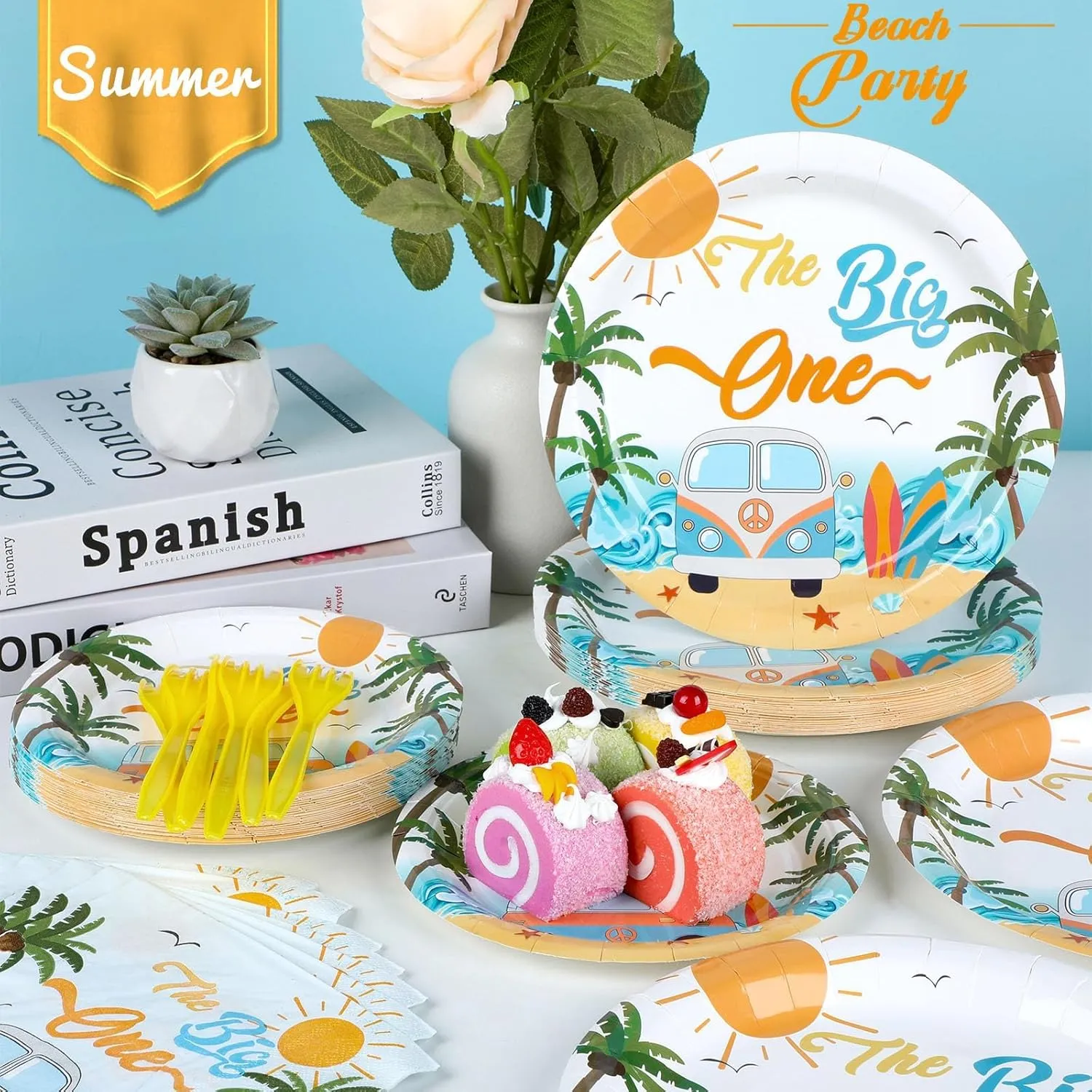 96Pcs Summer Beach The Big One Party Supplies Boy Surfing First Paper Plates Napkins The Big One Birthday Party Decorations 1st Birthday Dinnerware Party Favor Beach Hawaiian Tableware Serves 24