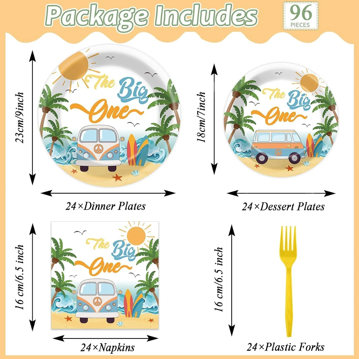 96Pcs Summer Beach The Big One Party Supplies Boy Surfing First Paper Plates Napkins The Big One Birthday Party Decorations 1st Birthday Dinnerware Party Favor Beach Hawaiian Tableware Serves 24