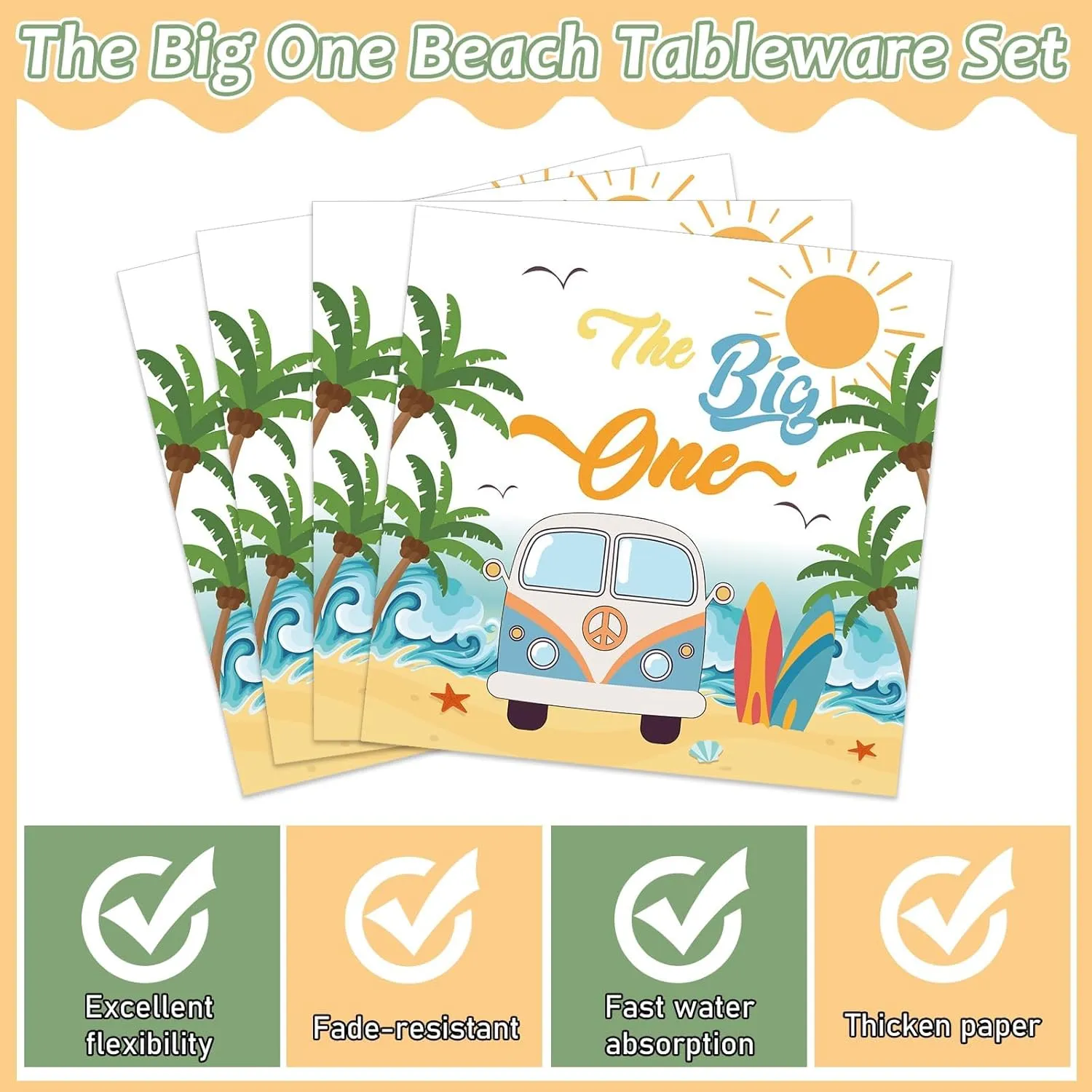 96Pcs Summer Beach The Big One Party Supplies Boy Surfing First Paper Plates Napkins The Big One Birthday Party Decorations 1st Birthday Dinnerware Party Favor Beach Hawaiian Tableware Serves 24
