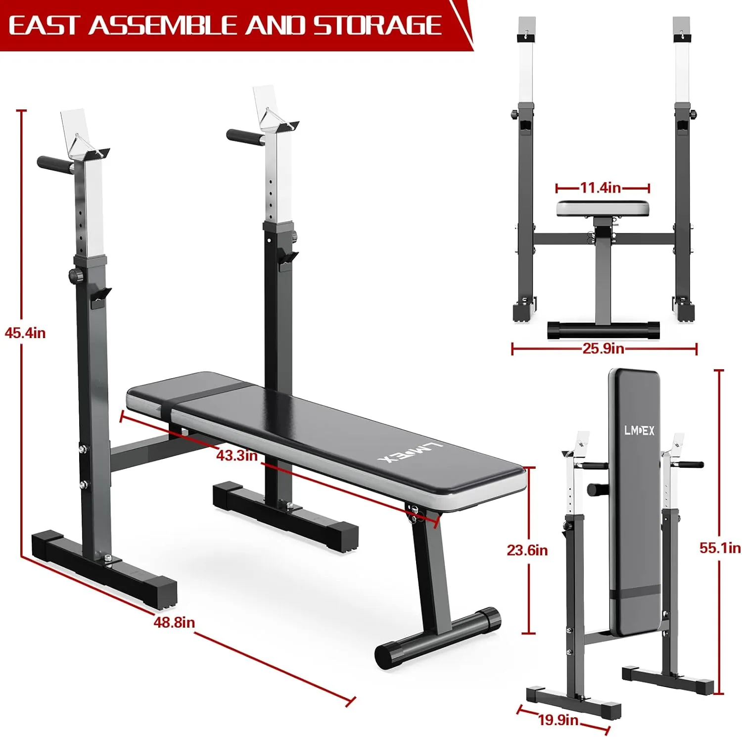 Adjustable Weight Bench Press with Squat Rack Folding Multi-Function Dip Station for Full Body Workout Home Gym Strength,Grey (grey) …