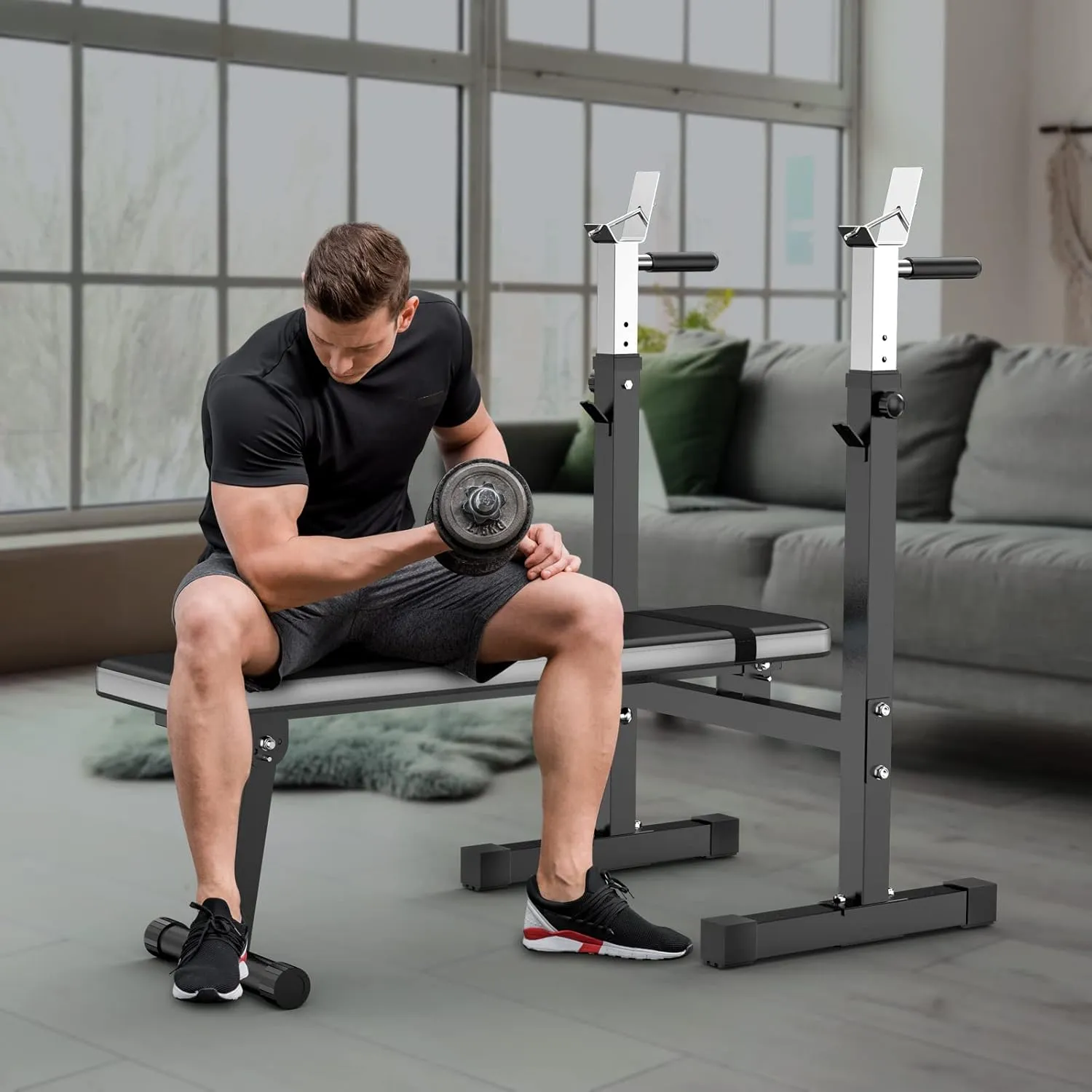 Adjustable Weight Bench Press with Squat Rack Folding Multi-Function Dip Station for Full Body Workout Home Gym Strength,Grey (grey) …