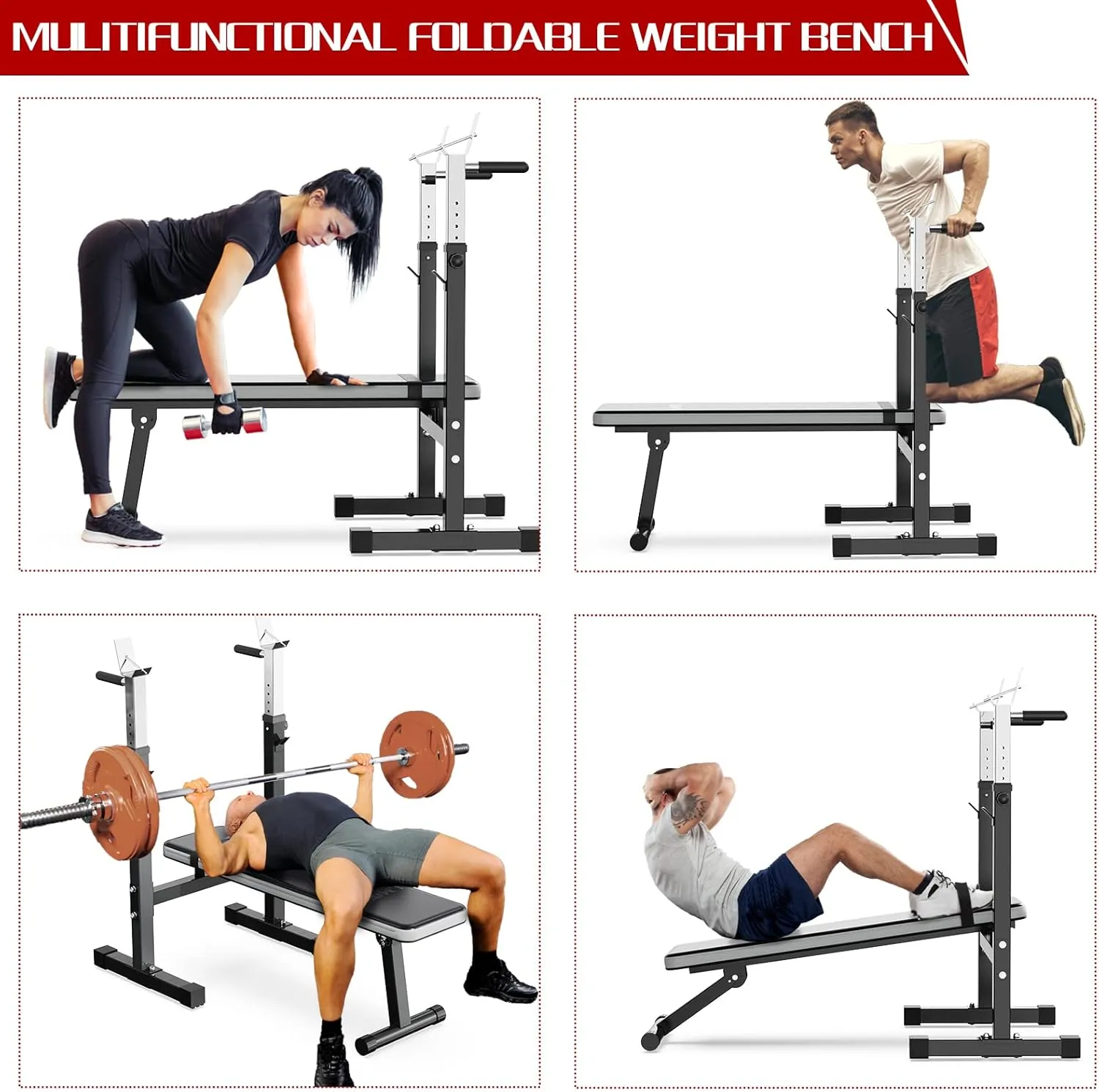 Adjustable Weight Bench Press with Squat Rack Folding Multi-Function Dip Station for Full Body Workout Home Gym Strength,Grey (grey) …
