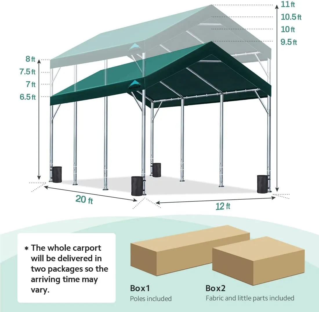 ADVANCE OUTDOOR 12x20 ft Heavy Duty Carport Potable Car Canopy Garage Party Tent Boat Shelter, Adjustable Height from 9.5 ft to 11 ft, Green