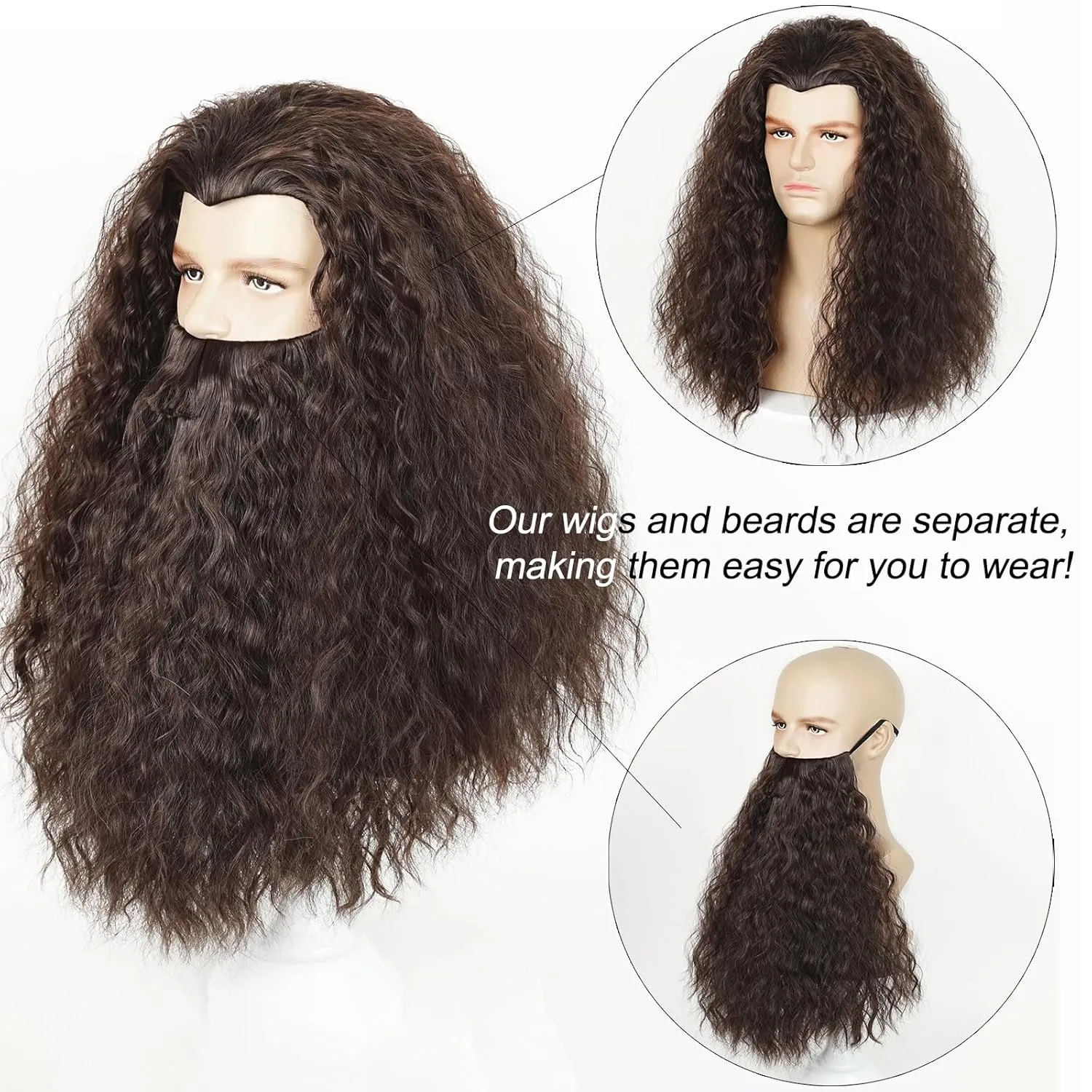 Aicos Brown Beard Set Wigs for Adults Long Curly Wig with Beard for Christmas Halloween Costume Party