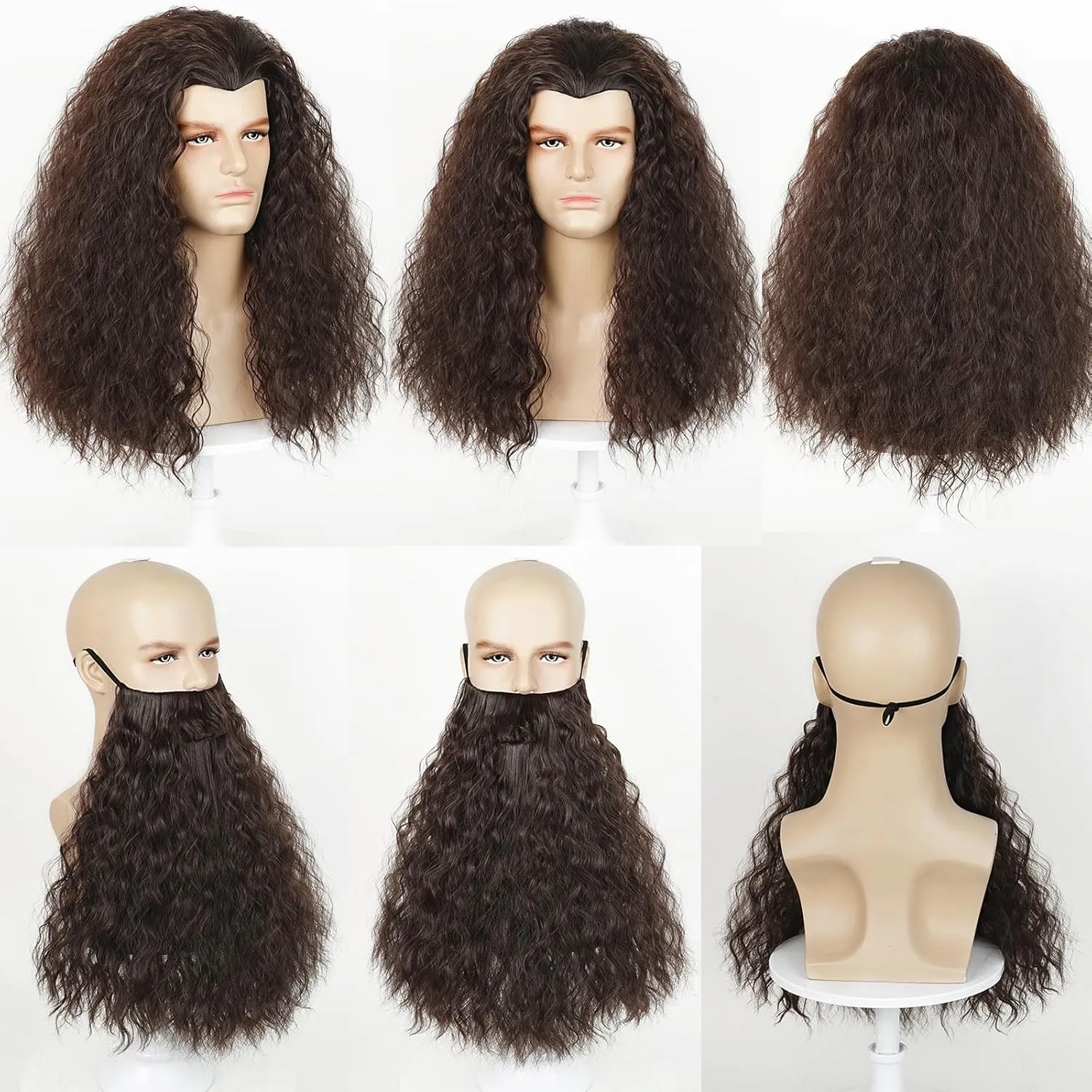 Aicos Brown Beard Set Wigs for Adults Long Curly Wig with Beard for Christmas Halloween Costume Party