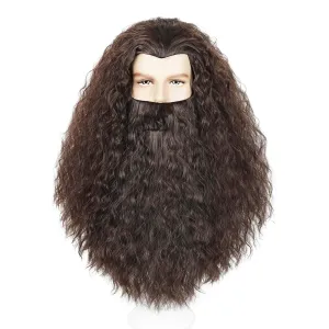 Aicos Brown Beard Set Wigs for Adults Long Curly Wig with Beard for Christmas Halloween Costume Party