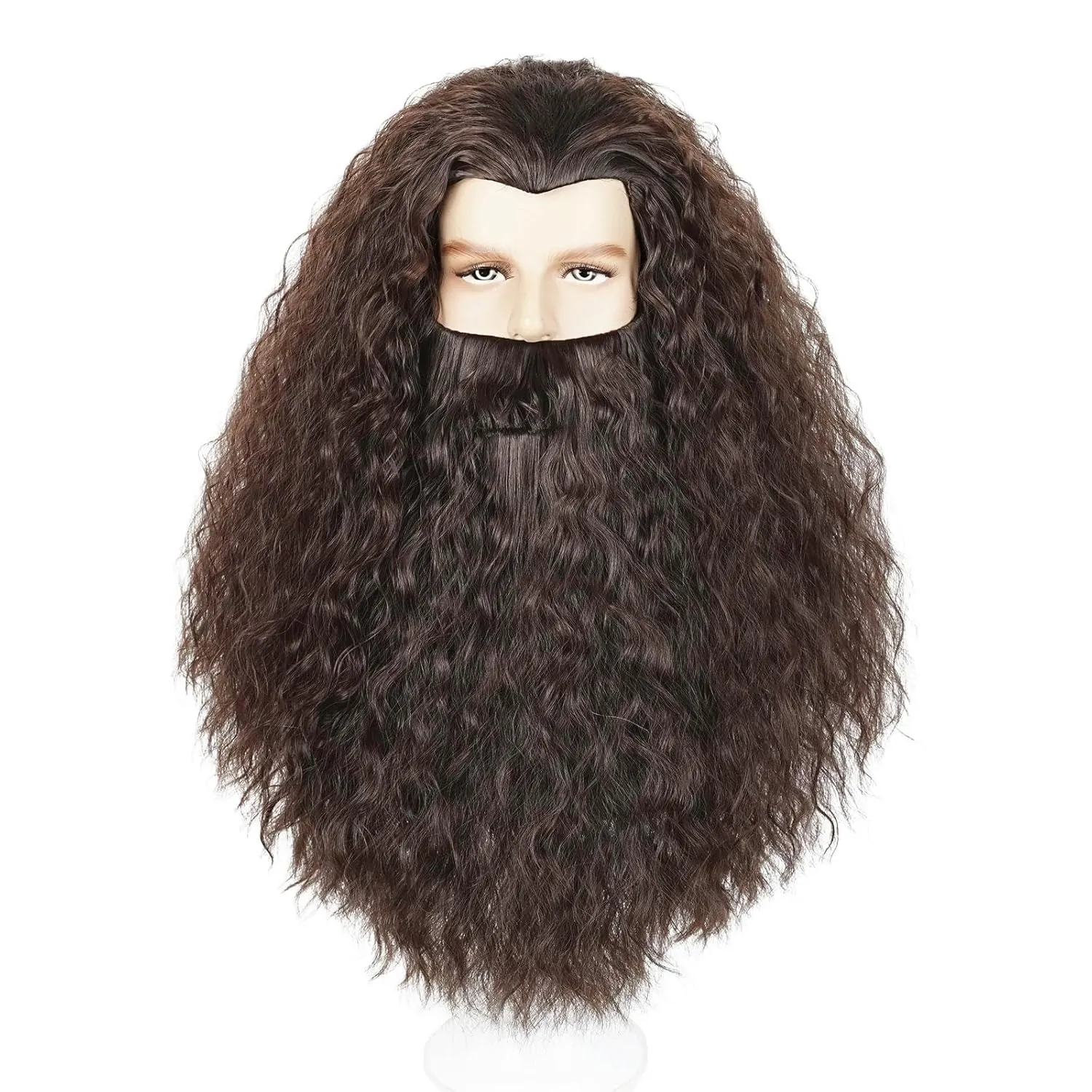 Aicos Brown Beard Set Wigs for Adults Long Curly Wig with Beard for Christmas Halloween Costume Party