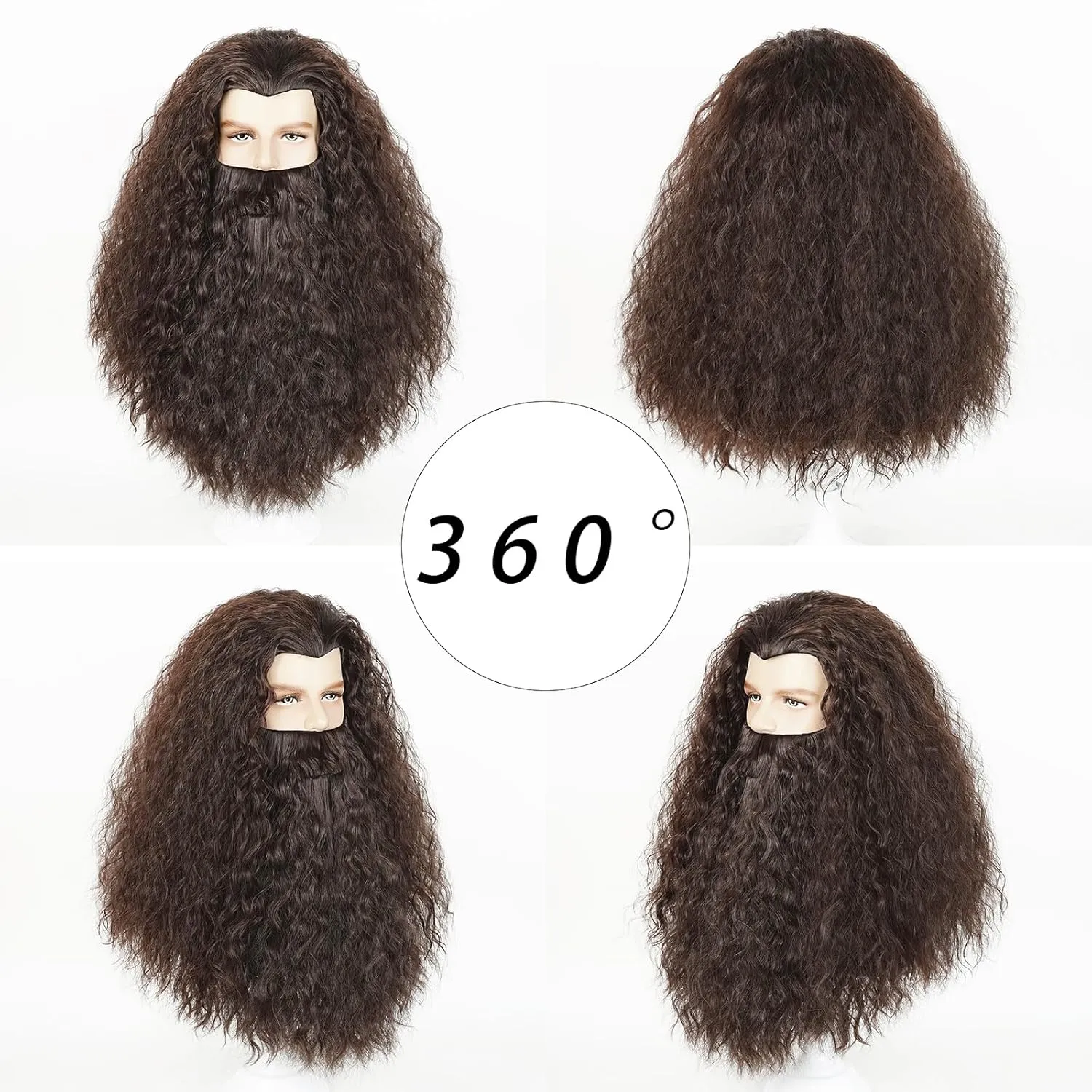 Aicos Brown Beard Set Wigs for Adults Long Curly Wig with Beard for Christmas Halloween Costume Party