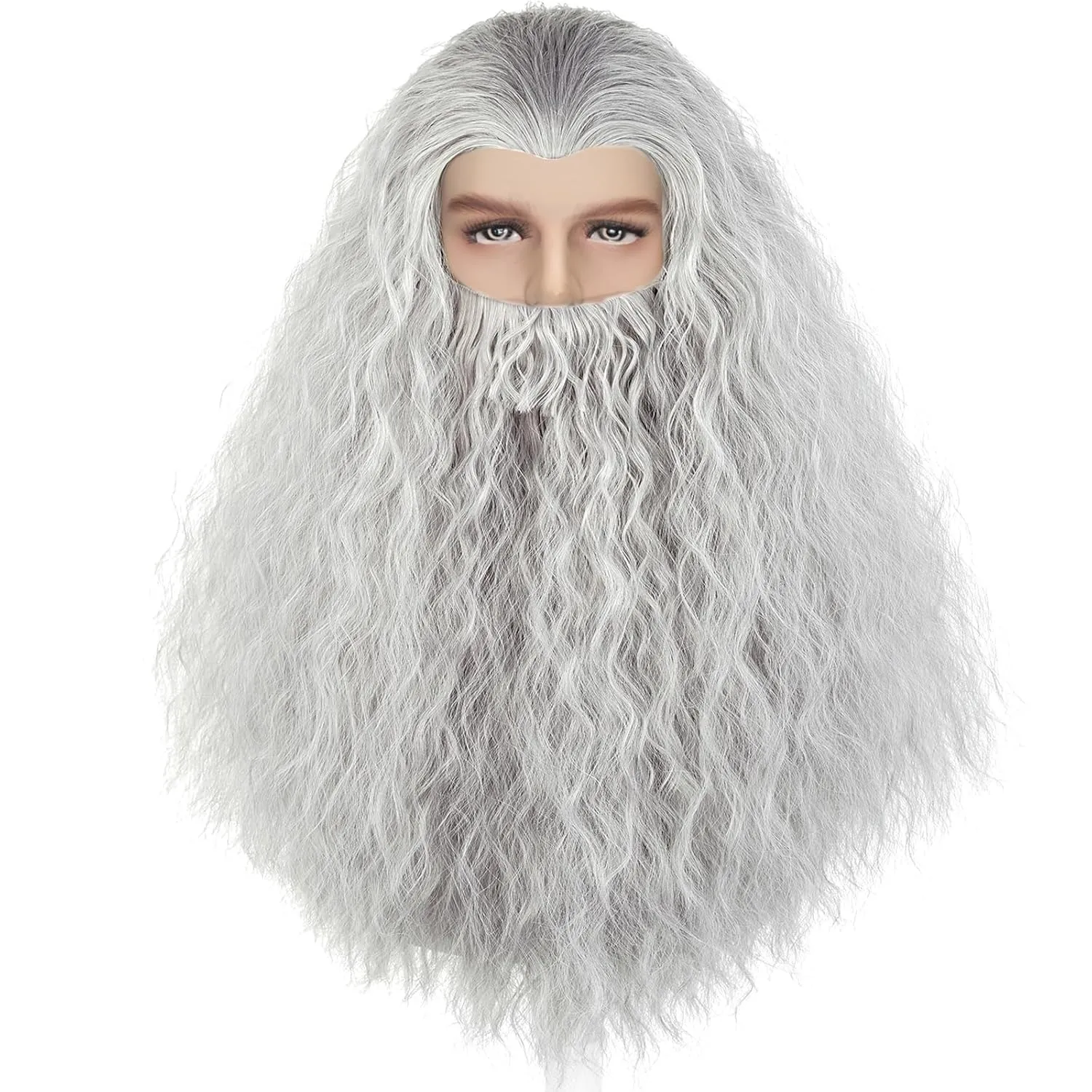 Aicos Grey Beard Set Wigs for Adults Long Gray Curly Wig with Beard for Christmas Halloween Costume Party