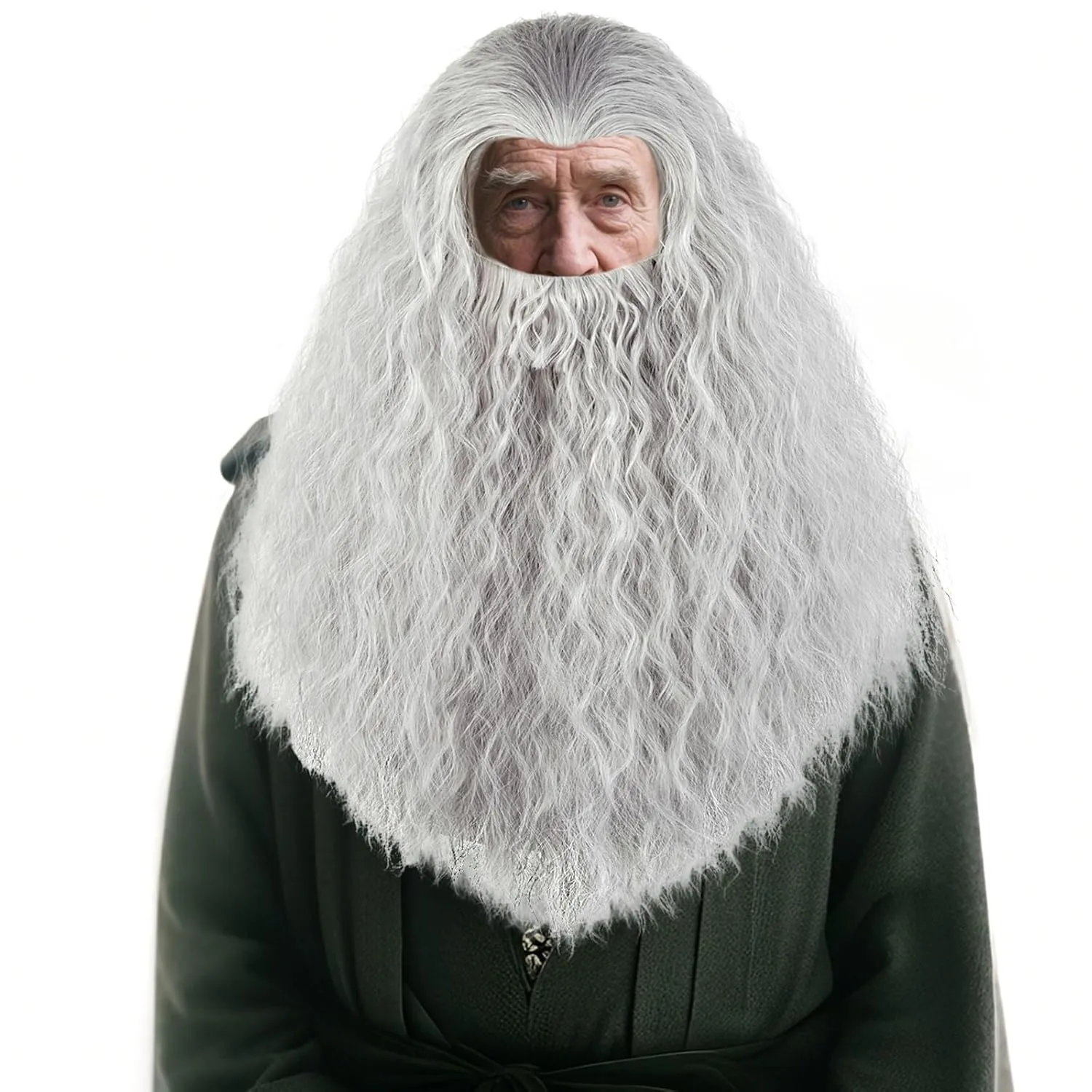Aicos Grey Beard Set Wigs for Adults Long Gray Curly Wig with Beard for Christmas Halloween Costume Party