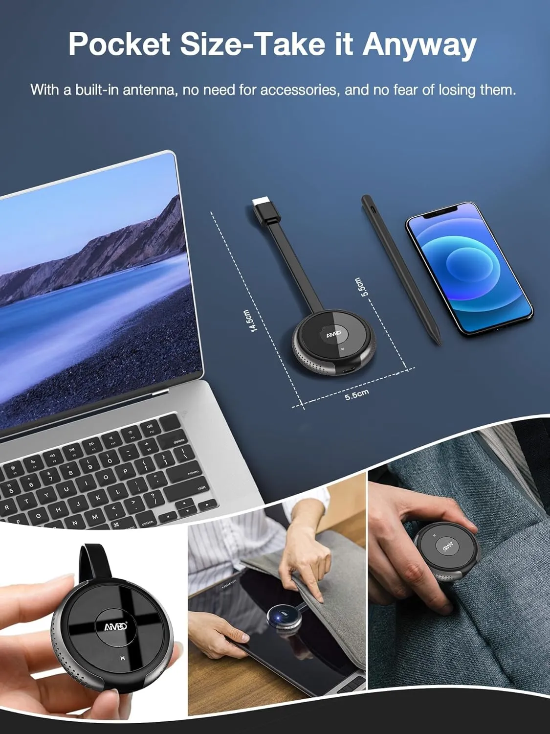 AIMIBO 4K Wireless Display Adapter, Plug and Play, 2.4G 5G HDMI Wireless Dongle for iOS Android Windows MacOS Phone Tablet Laptop to HDTV Monitor Projector, Support Airplay DLNA Miracast Silver