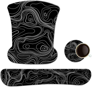 AIMSA Mouse Pad Wrist Support Set Keyboard Wrist Rest, Ergonomic Memory Foam Non-Slip Base Easy Typing Pain Relieve for Computer Laptop Home Office, Black Topographic