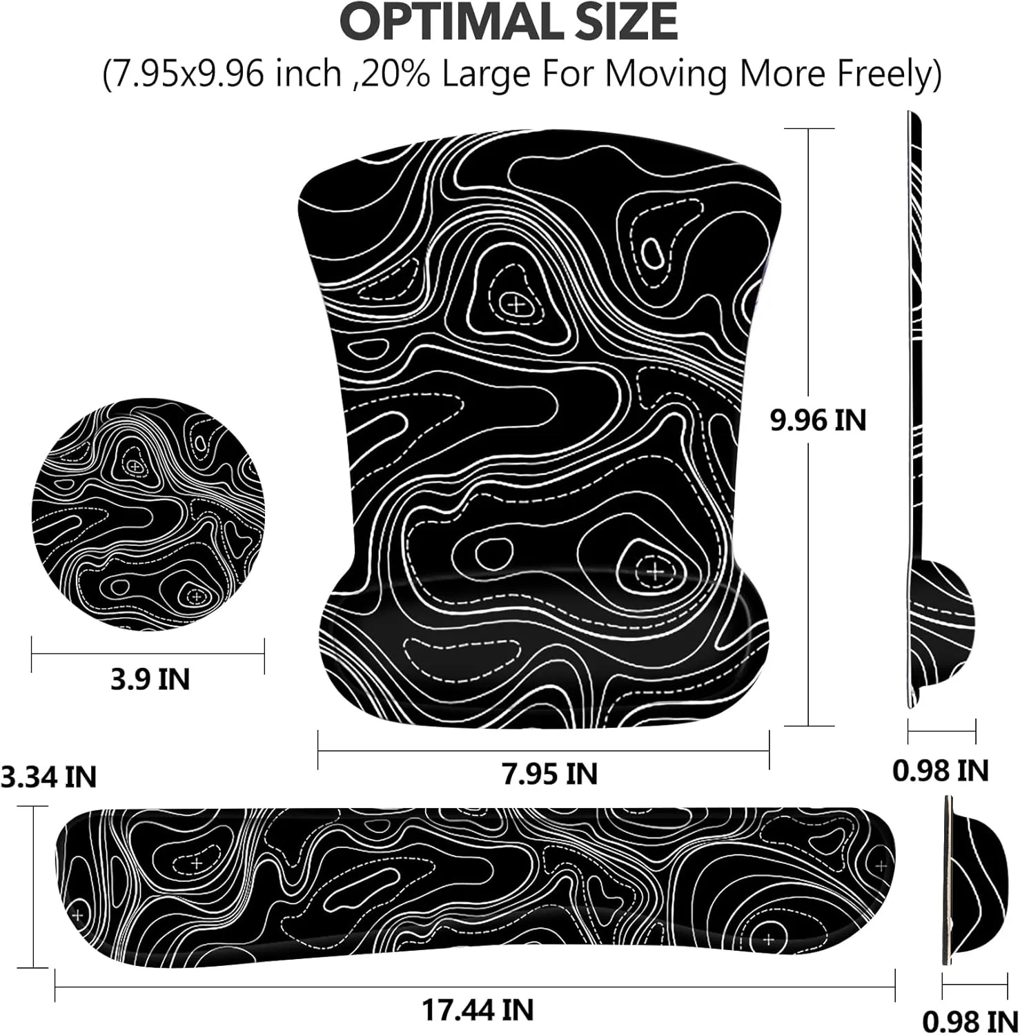 AIMSA Mouse Pad Wrist Support Set Keyboard Wrist Rest, Ergonomic Memory Foam Non-Slip Base Easy Typing Pain Relieve for Computer Laptop Home Office, Black Topographic