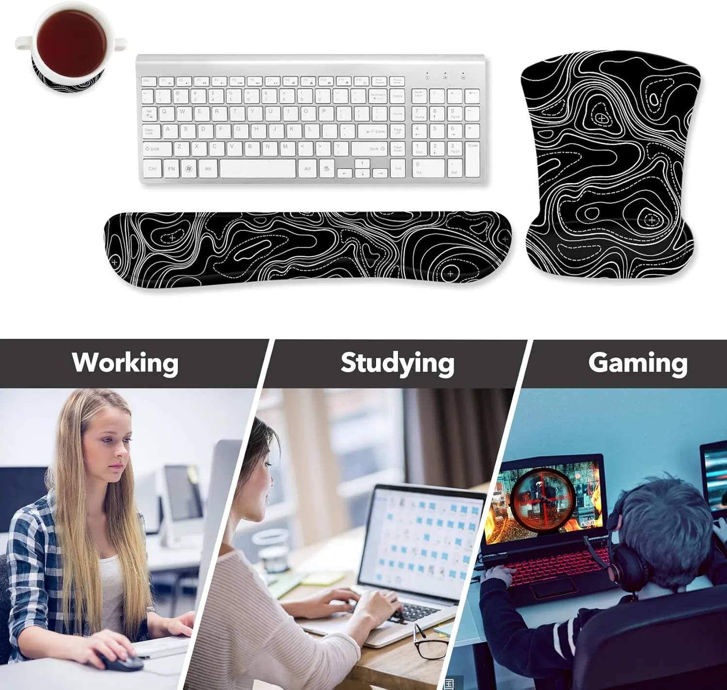 AIMSA Mouse Pad Wrist Support Set Keyboard Wrist Rest, Ergonomic Memory Foam Non-Slip Base Easy Typing Pain Relieve for Computer Laptop Home Office, Black Topographic