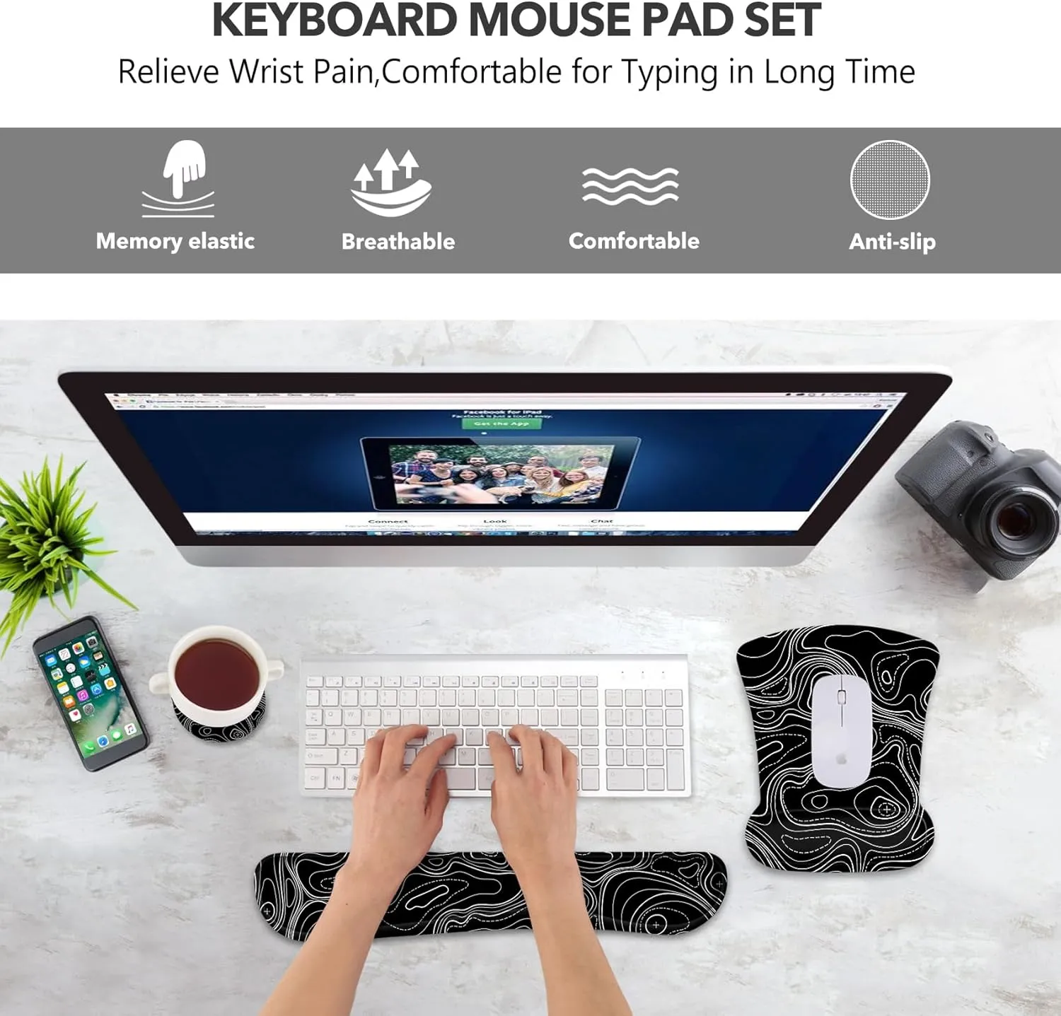 AIMSA Mouse Pad Wrist Support Set Keyboard Wrist Rest, Ergonomic Memory Foam Non-Slip Base Easy Typing Pain Relieve for Computer Laptop Home Office, Black Topographic
