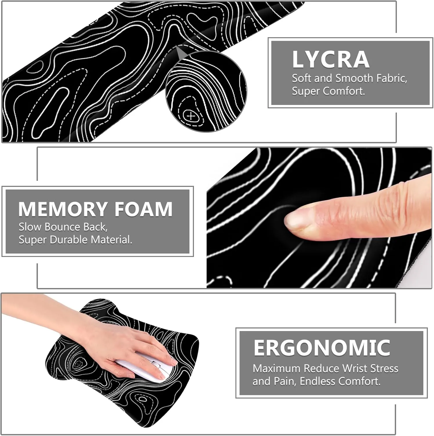 AIMSA Mouse Pad Wrist Support Set Keyboard Wrist Rest, Ergonomic Memory Foam Non-Slip Base Easy Typing Pain Relieve for Computer Laptop Home Office, Black Topographic