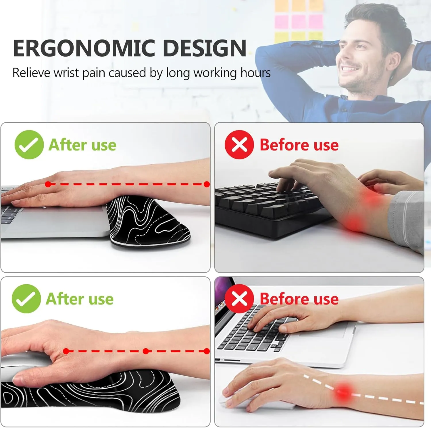 AIMSA Mouse Pad Wrist Support Set Keyboard Wrist Rest, Ergonomic Memory Foam Non-Slip Base Easy Typing Pain Relieve for Computer Laptop Home Office, Black Topographic