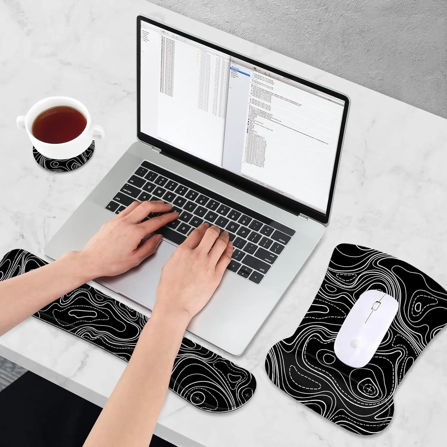 AIMSA Mouse Pad Wrist Support Set Keyboard Wrist Rest, Ergonomic Memory Foam Non-Slip Base Easy Typing Pain Relieve for Computer Laptop Home Office, Black Topographic