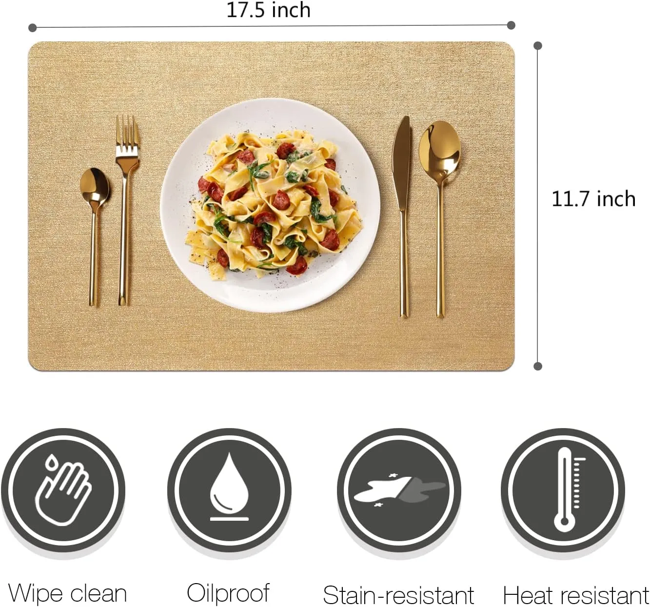 AIRCOWRIE Placemats for Dining Table Set of 8, Heat-Resistant Placemat Washable Vinyl Table Mats for Kitchen Thanksgiving Restaurant Decorations (Gold)