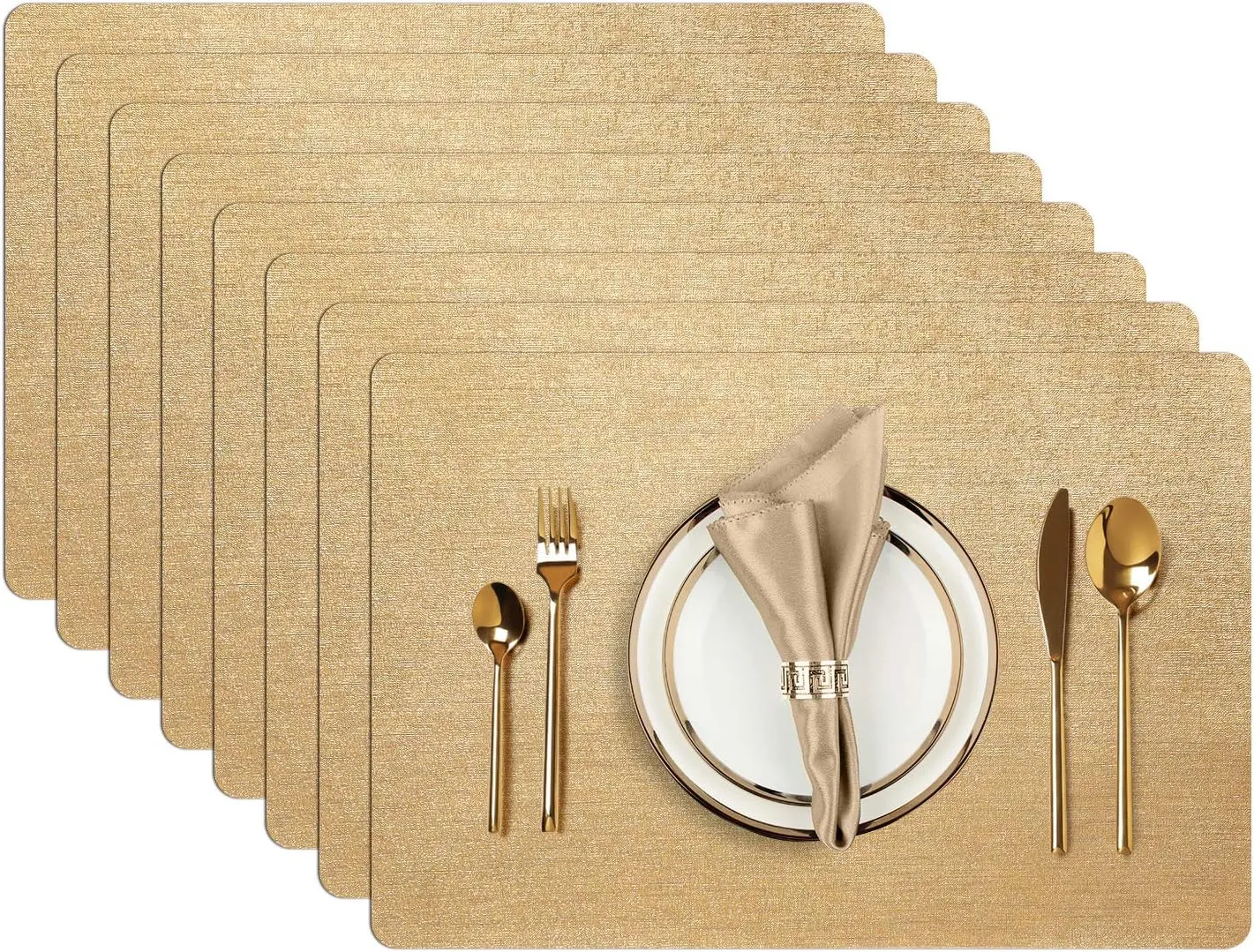 AIRCOWRIE Placemats for Dining Table Set of 8, Heat-Resistant Placemat Washable Vinyl Table Mats for Kitchen Thanksgiving Restaurant Decorations (Gold)