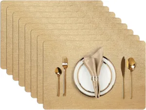 AIRCOWRIE Placemats for Dining Table Set of 8, Heat-Resistant Placemat Washable Vinyl Table Mats for Kitchen Thanksgiving Restaurant Decorations (Gold)