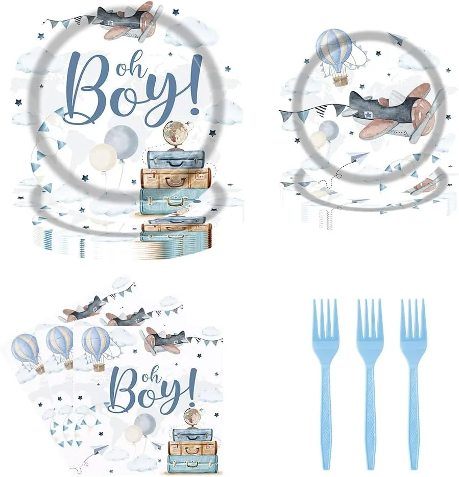 Airplane Baby Shower Party Tableware Set 96 Pcs Oh Boy Airplane Cloud Hot Air Balloon Decor for Boys Travel Adventure Disposable Plates Napkins Forks Decorations Serve 24 Guests